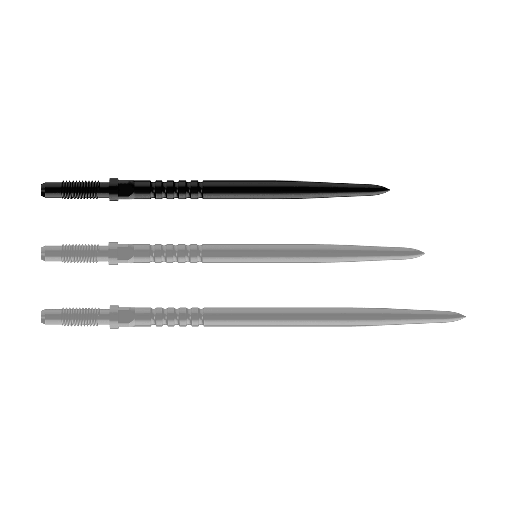 Bulls NL Convertible Point Dart Tips - Ringed Grip - Black Abgebildet ist ein Dartspitzen-Set. Es handelt sich um BullsNL Convertible Points mit Ringed Grip in Schwarz, 32mm.