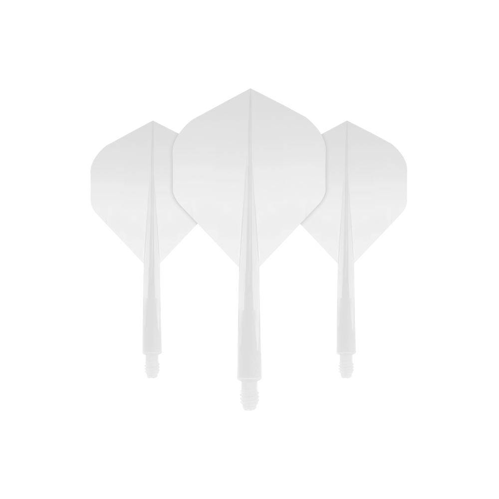 CO-0001_Condor_Axe_White_Standard_Flights_Short_1 Das Bild zeigt drei weiße Dartflights mit Schäften aus dem Condor Axe White Flight-System Standard. Sie sind schlicht und einheitlich gestaltet.