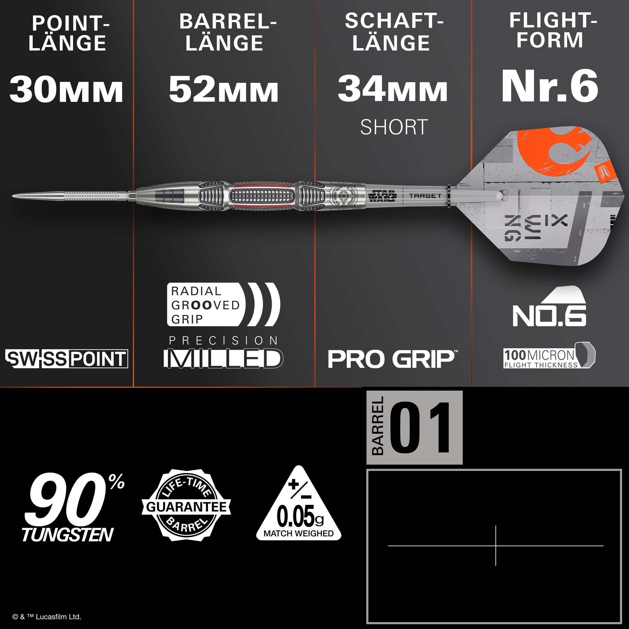 Target Star Wars X-Wing Swiss Point Steel Darts Auf diesem Foto sieht man die Target Star Wars X-Wing Swiss Point Steeldarts. Die Steeldarts sind im Stil des X-Wing aus Star Wars gestaltet.