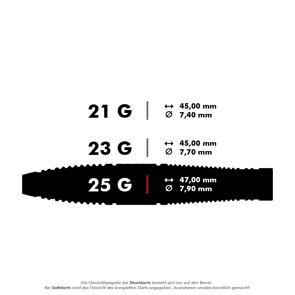 Das Bild zeigt drei verschiedene Steeldarts mit den Gewichten 21 g, 23 g und 25 g. Die Maße Länge und Durchmesser sind für jedes Gewicht angegeben.