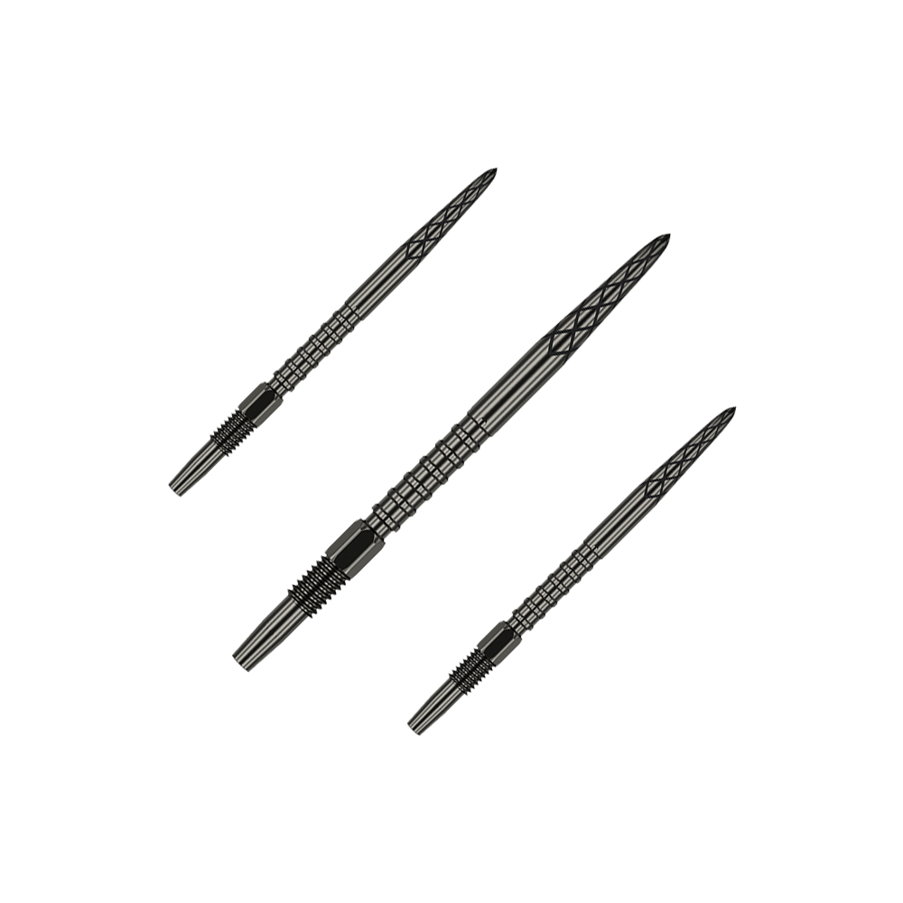 Auf dem Bild sind drei schwarze Dartspitzen zu sehen. Sie sind schlank, haben ein strukturiertes Muster und liegen nebeneinander.