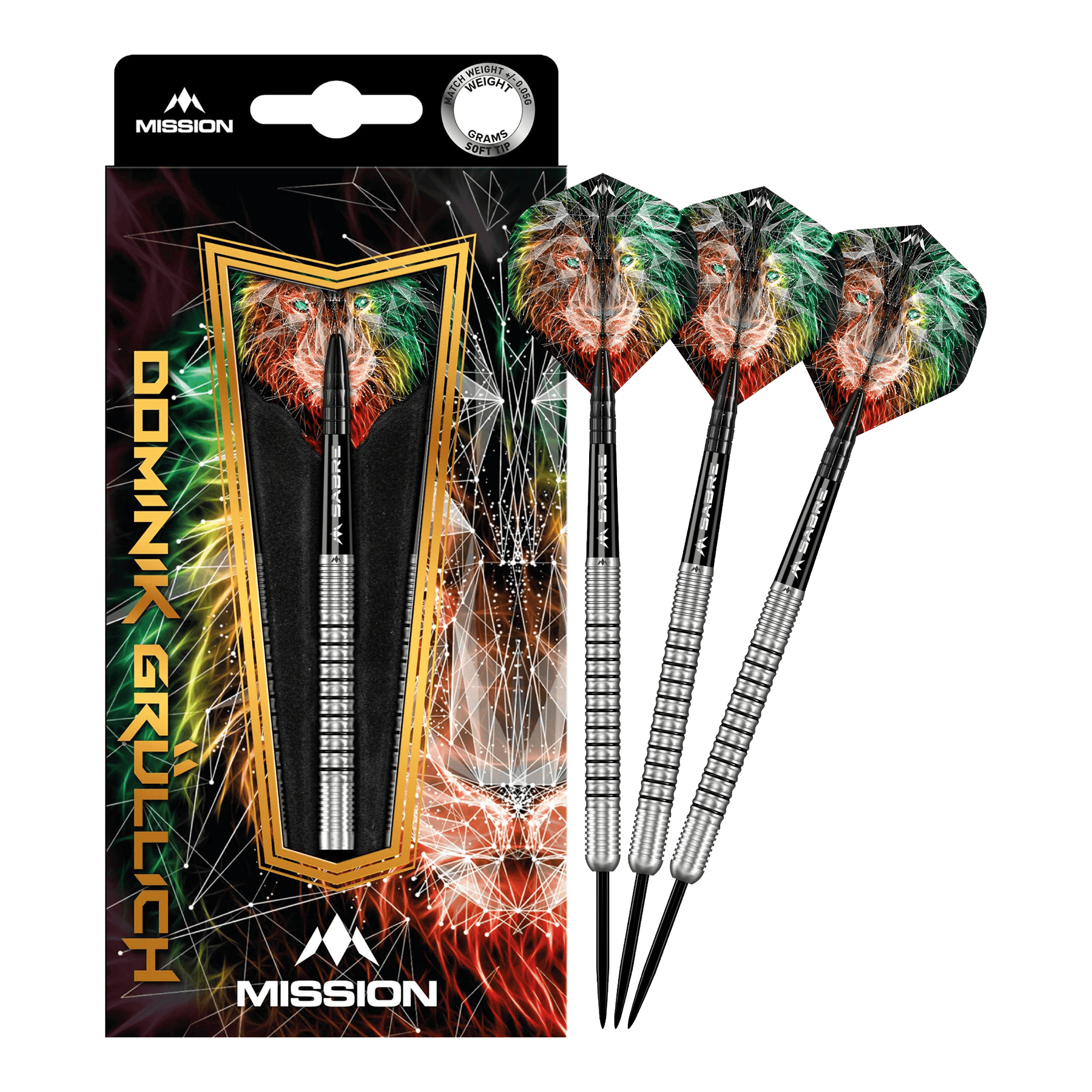 Mission Dominik Grüllich Steeldarts Das Bild zeigt das Produkt „Mission Dominik Grüllich Steeldarts - 23,5g“ mit einer farbenfrohen Verpackung und drei silbernen Darts. Die Flights der Darts sind mit einem bunten Löwenmotiv verziert.