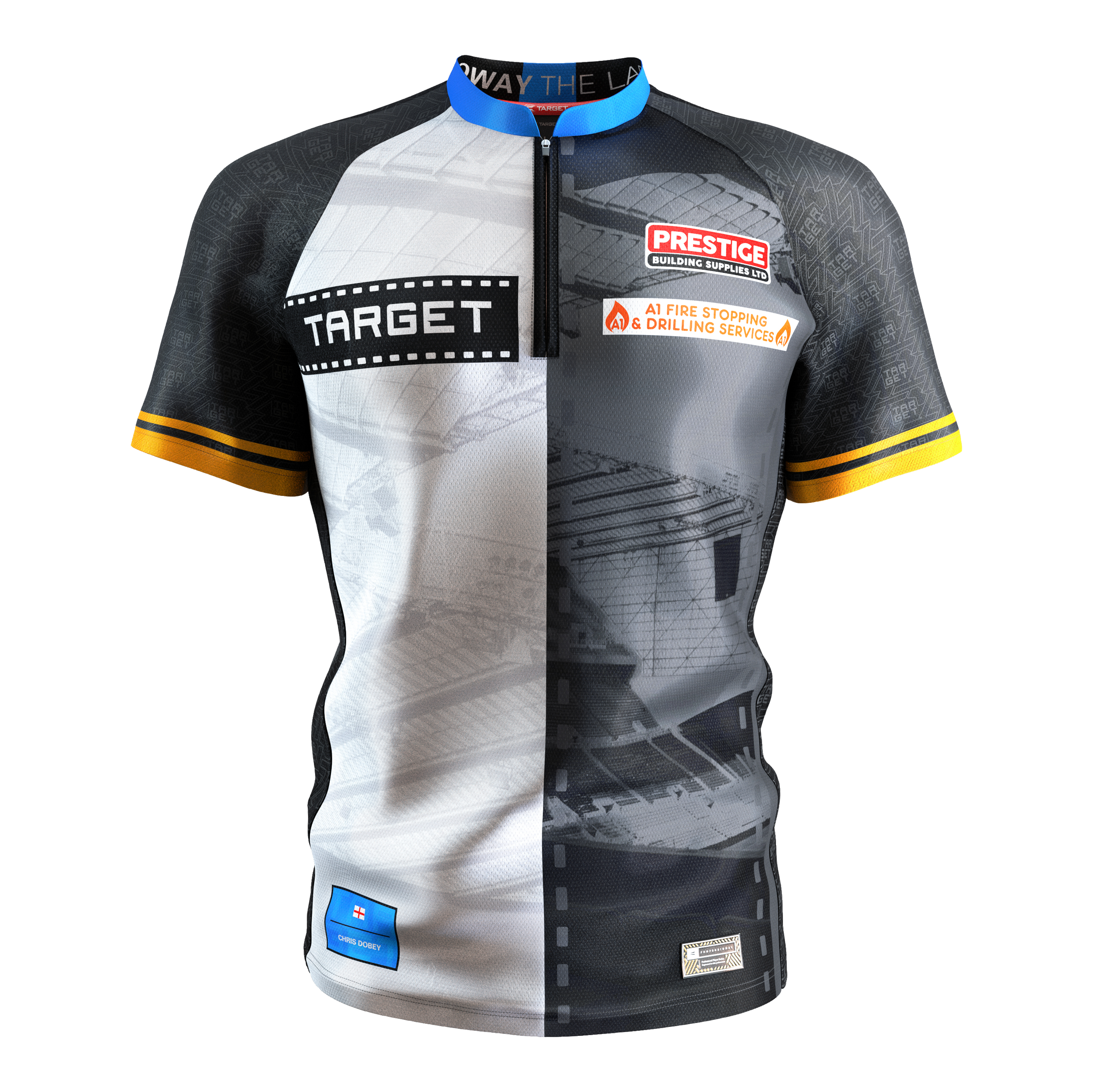 Target Coolplay Chris Dobey 2025 dart shirt Das Bild zeigt das "Target Coolplay Chris Dobey 2025 Dartshirt" mit auffälligen Sponsorenlogos auf der Vorderseite. Das Trikot hat ein modernes Design in Schwarz, Weiß und Grau mit gelben Streifen an den Ärmeln.