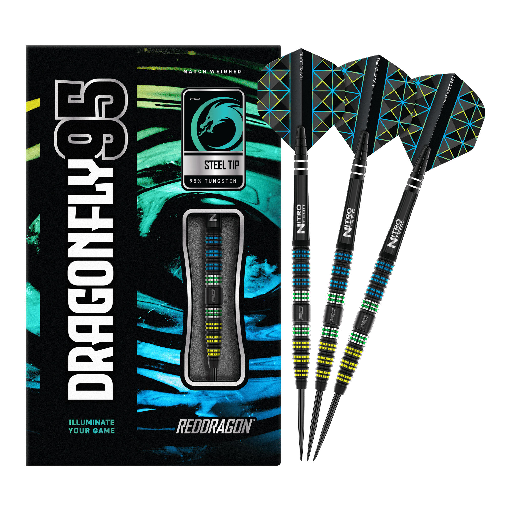 Red Dragon Dragonfly 95 Black Tapered Steel Darts Die Abbildung zeigt das Produkt "Red Dragon Dragonfly 95 Black Tapered Steeldarts" mit moderner, bunter Verpackung. Drei schwarze Steeldarts mit farbigen Akzenten und speziellen Flights sind daneben zu sehen.