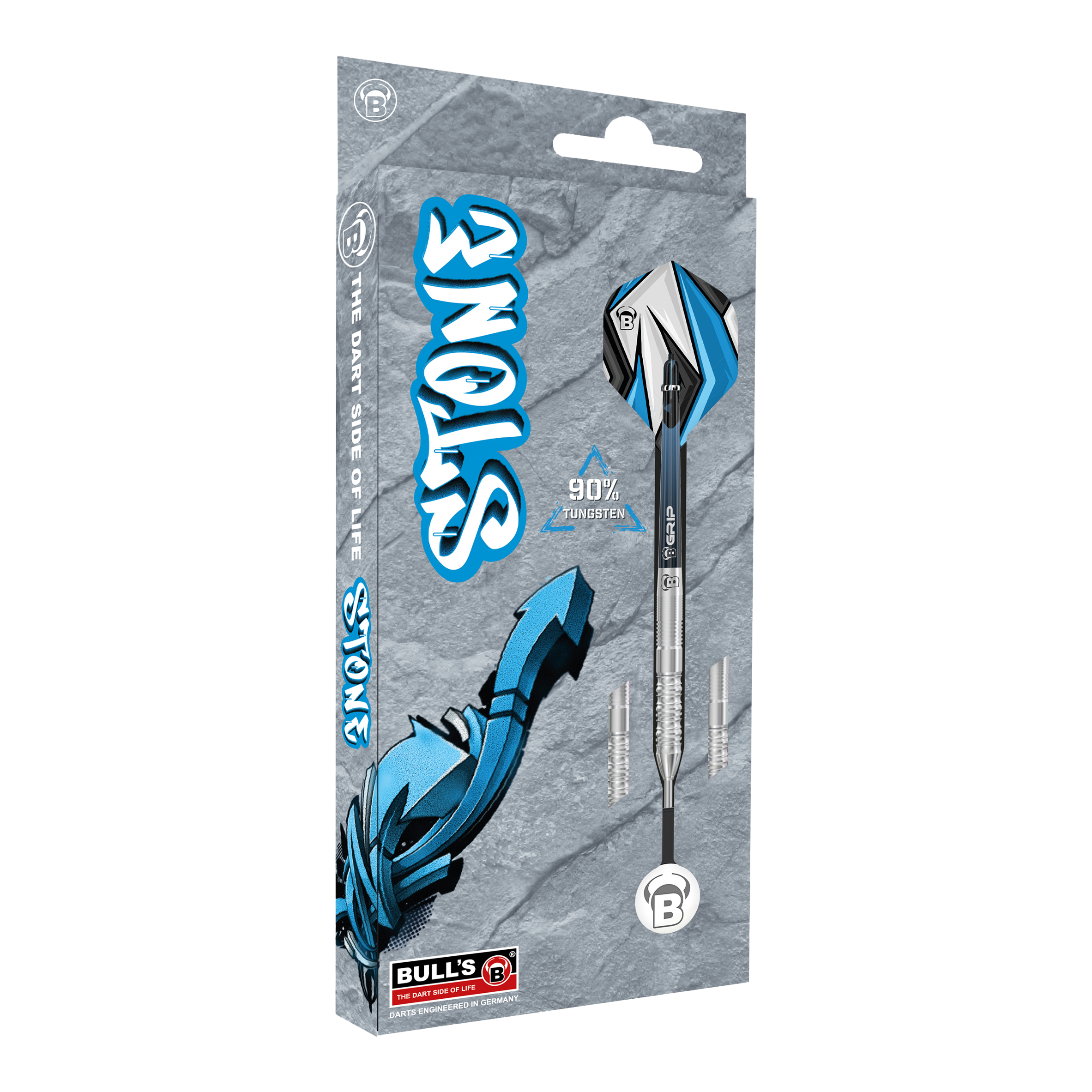 Bulls Stone S3 Steeldarts Die Abbildung zeigt die Verpackung der Bulls Stone S3 Steeldarts. Die Darts bestehen zu 90 % aus Tungsten und haben ein modernes Design in Blau und Silber.