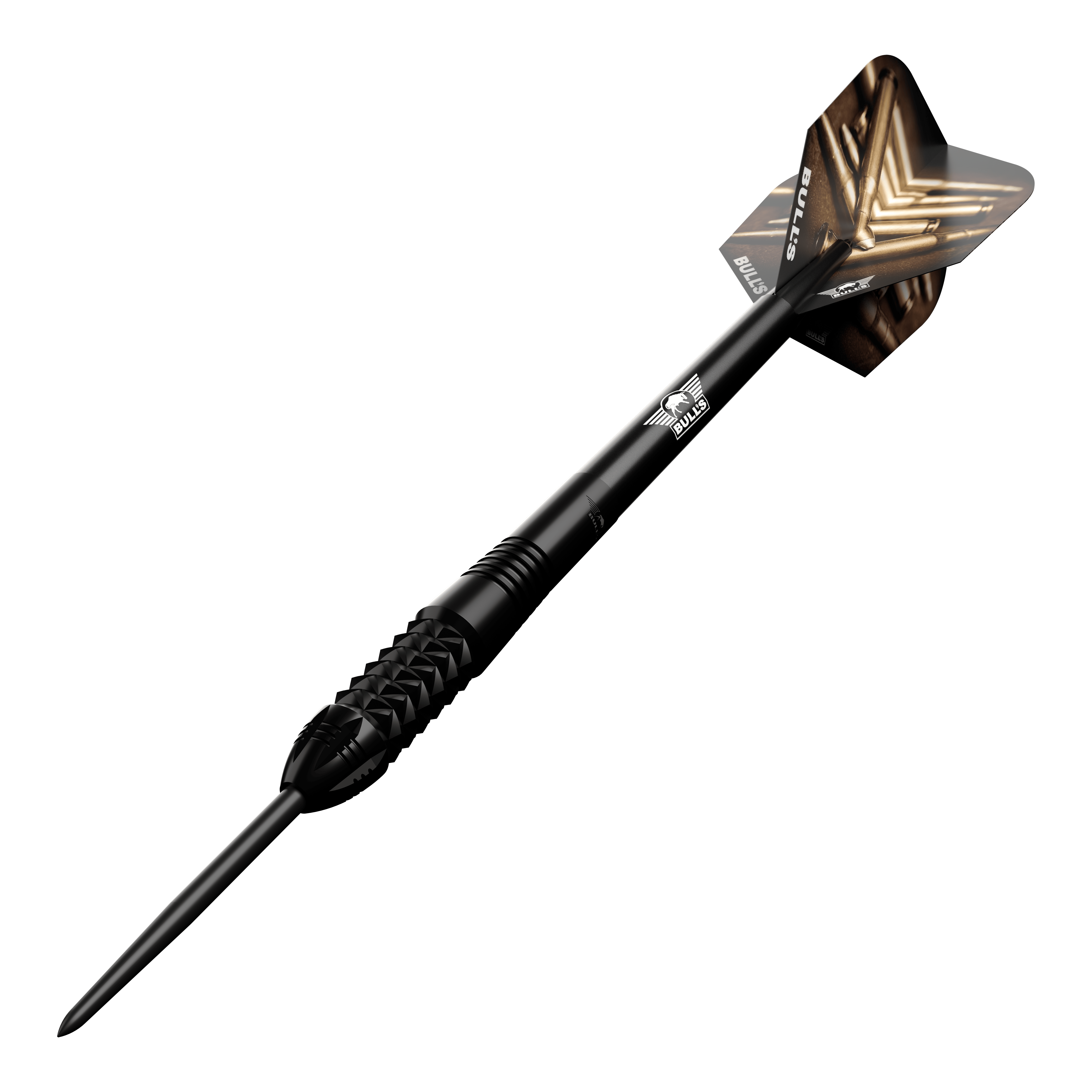 Bulls NL Caliber Black steel darts Dieses Bild zeigt den Bulls NL Caliber Black Steeldart. Der Dartpfeil ist schwarz und hat ein auffälliges Design auf den Flights.