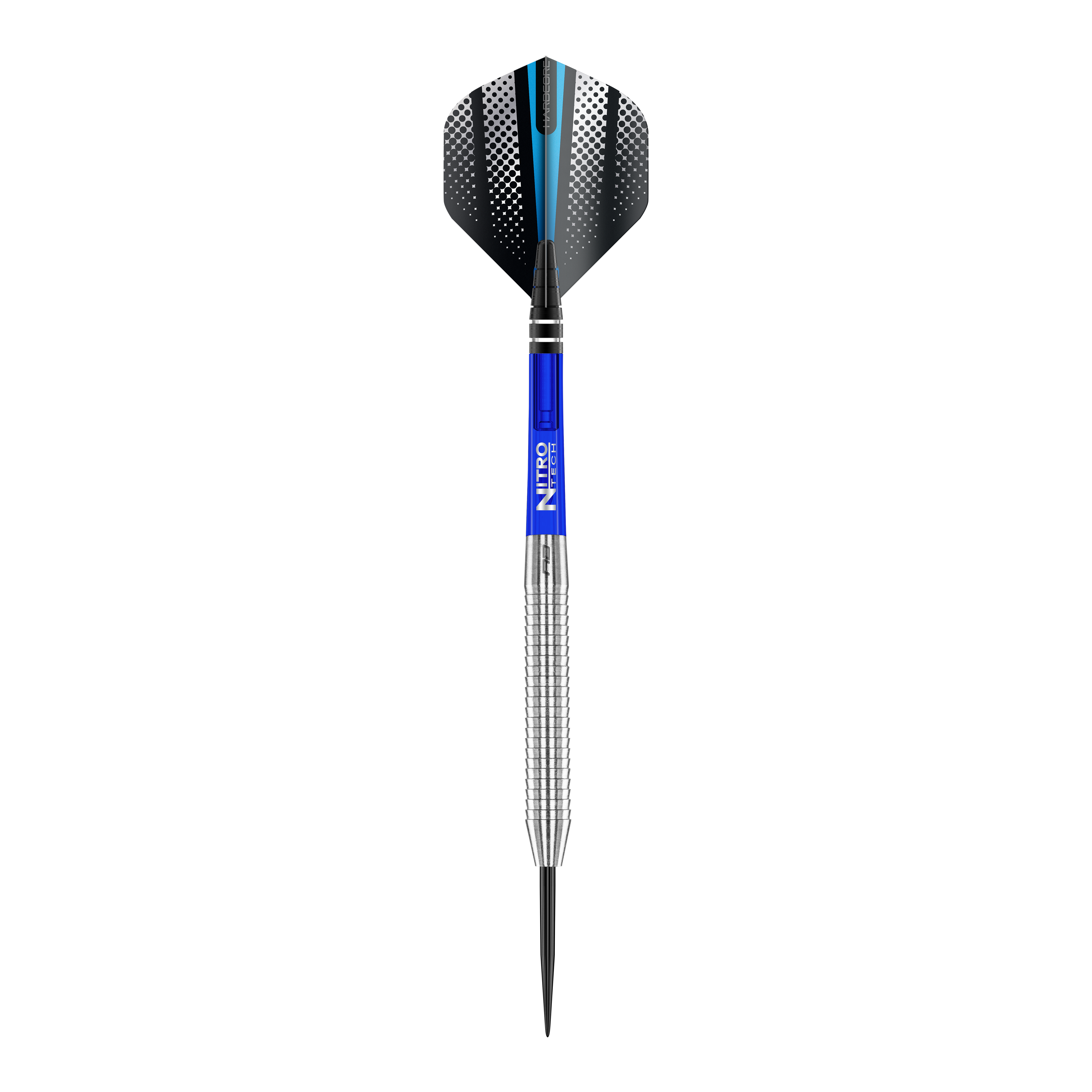 Red Dragon Razor Edge Original Steel Darts Das Bild zeigt einen Red Dragon Razor Edge Original Steeldart mit einem Gewicht von 24g. Der Dart hat einen silbernen, geriffelten Schaft, einen blauen Mittelteil und schwarze Flights mit weißen Punkten und einem blauen Streifen.