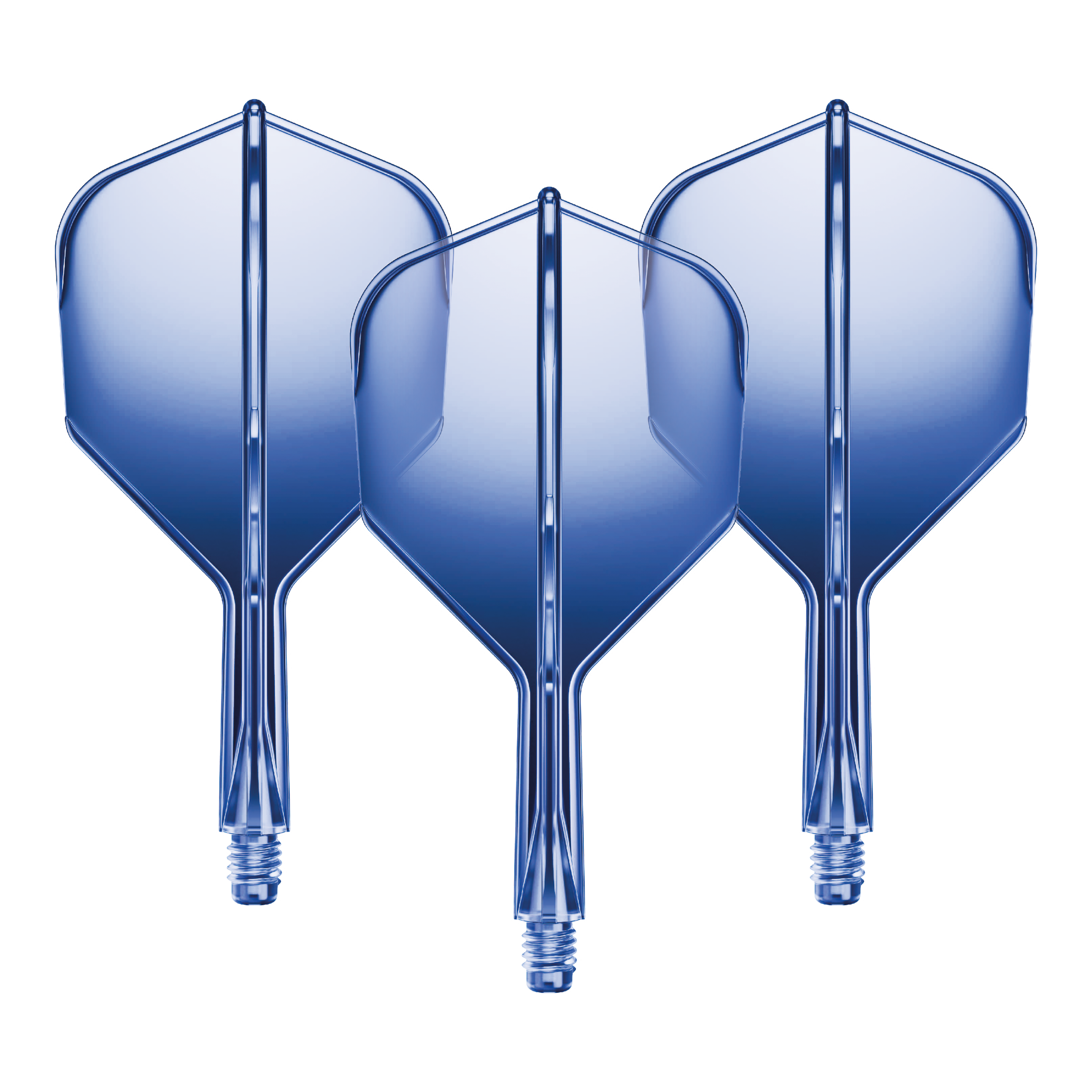 GOAT A1R No6 Flight Shaft System - Blue Auf dem Bild sind drei blaue Dartflights mit kurzen Schäften zu sehen. Sie stehen nebeneinander und haben eine glänzende Oberfläche.