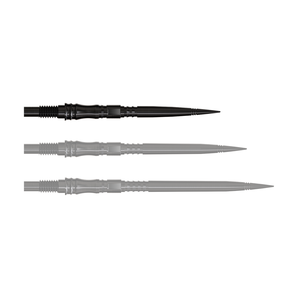 Apex Axis Black Elite Serie Dartspitzen in 30mm werden gezeigt. Die Spitzen sind schmal und schwarz.