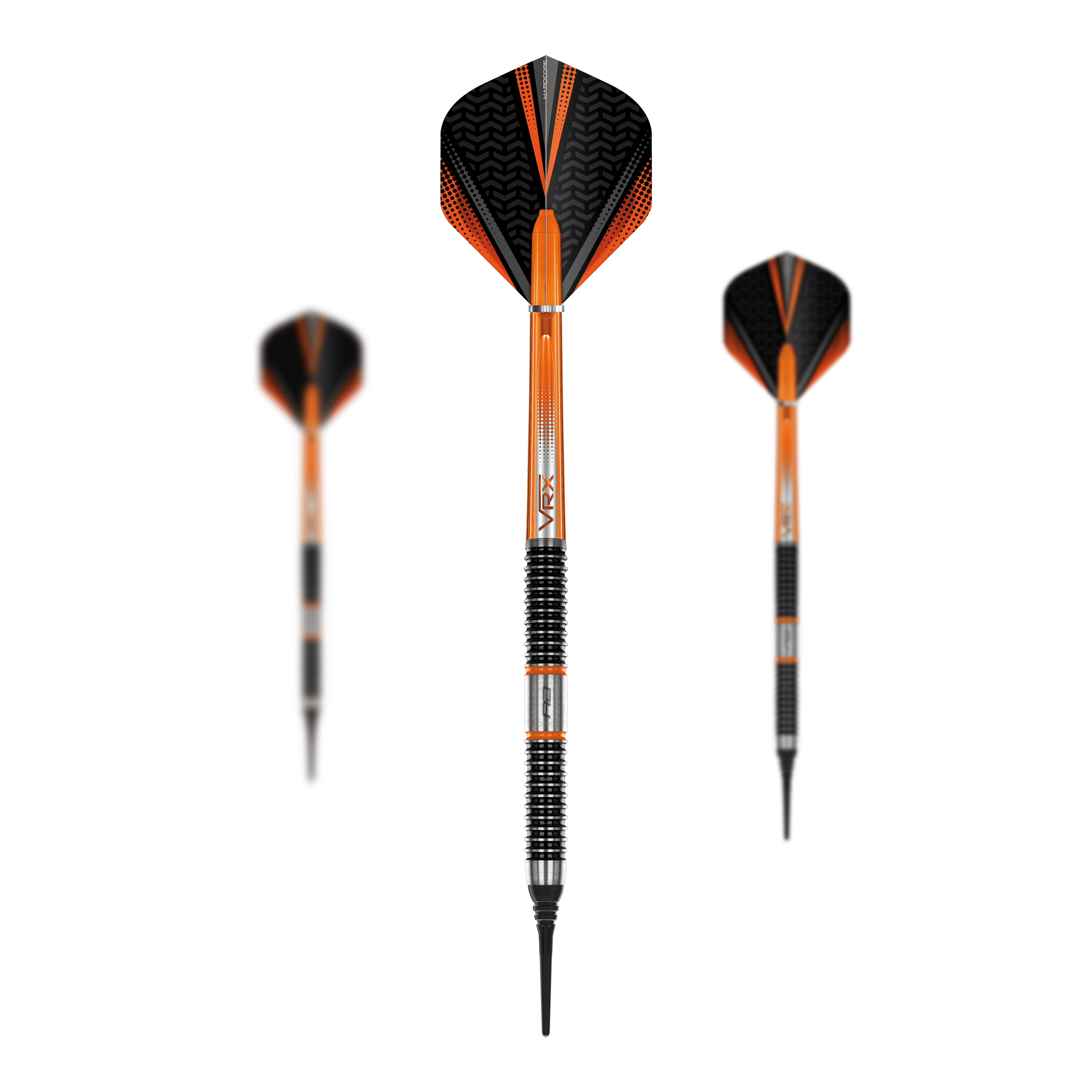 Red Dragon Amberjack 18 soft darts - 20g Das Bild zeigt drei Softdarts des Modells „Red Dragon Amberjack 18 Softdarts - 20g“. Die Darts sind überwiegend orange und schwarz mit silbernen Rillen am Griff.