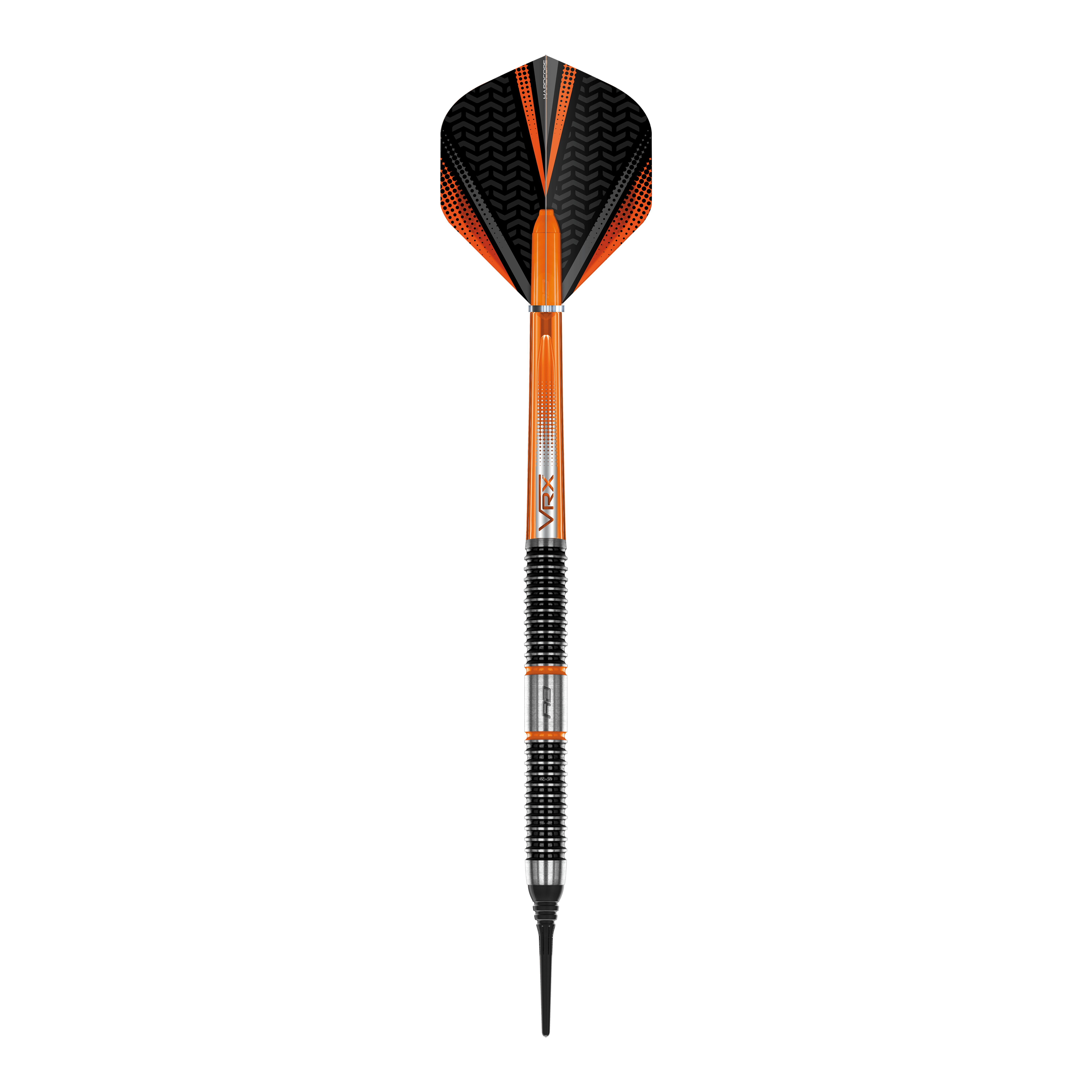 Red Dragon Amberjack 18 soft darts - 20g Das Bild zeigt einen Softdart aus der Serie "Red Dragon Amberjack 18" mit einem Gewicht von 20 Gramm. Der Dart ist überwiegend schwarz und orange gefärbt und verfügt über einen geriffelten Griffbereich.