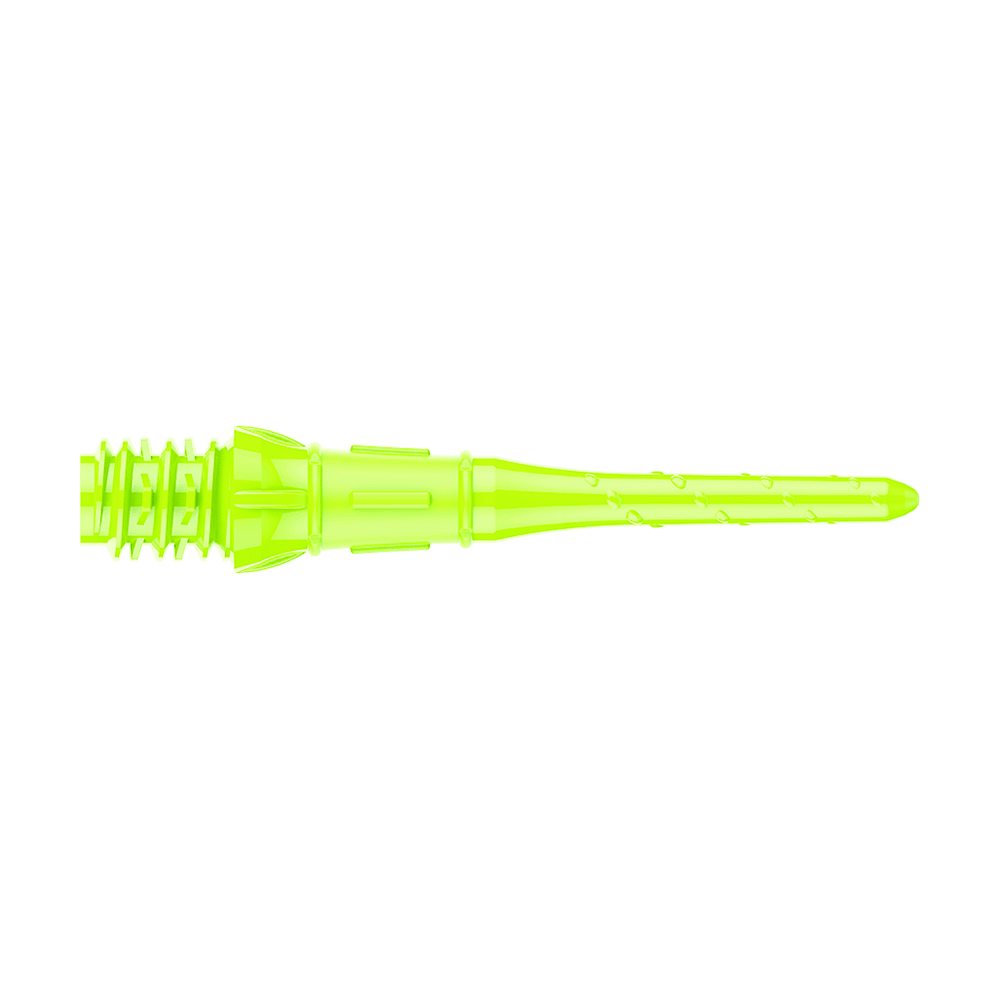 Premium Lippoints (30er Pack) - Spitzen Das Bild zeigt eine neon-gelbe Dartspitze. Sie ist schmal, lang und hat ein geripptes Ende für den festen Halt im Dartbarrel.