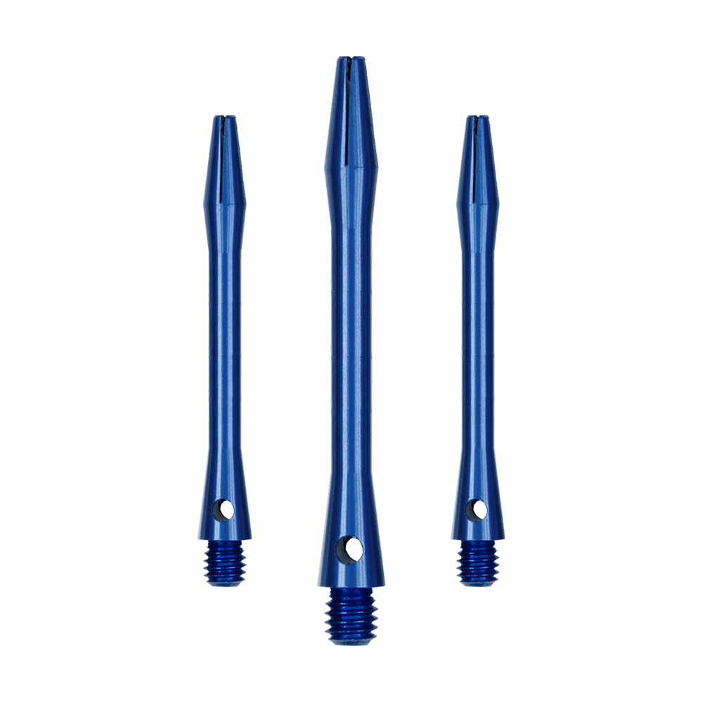 514_Aluminium_Shafts_Blau_46mm_1oNWbqDxRny7Kj Auf dem Bild sind drei blaue Aluminiumschäfte zu sehen. Sie haben jeweils ein Gewinde am unteren Ende und eine Bohrung in der Nähe des Gewindes.