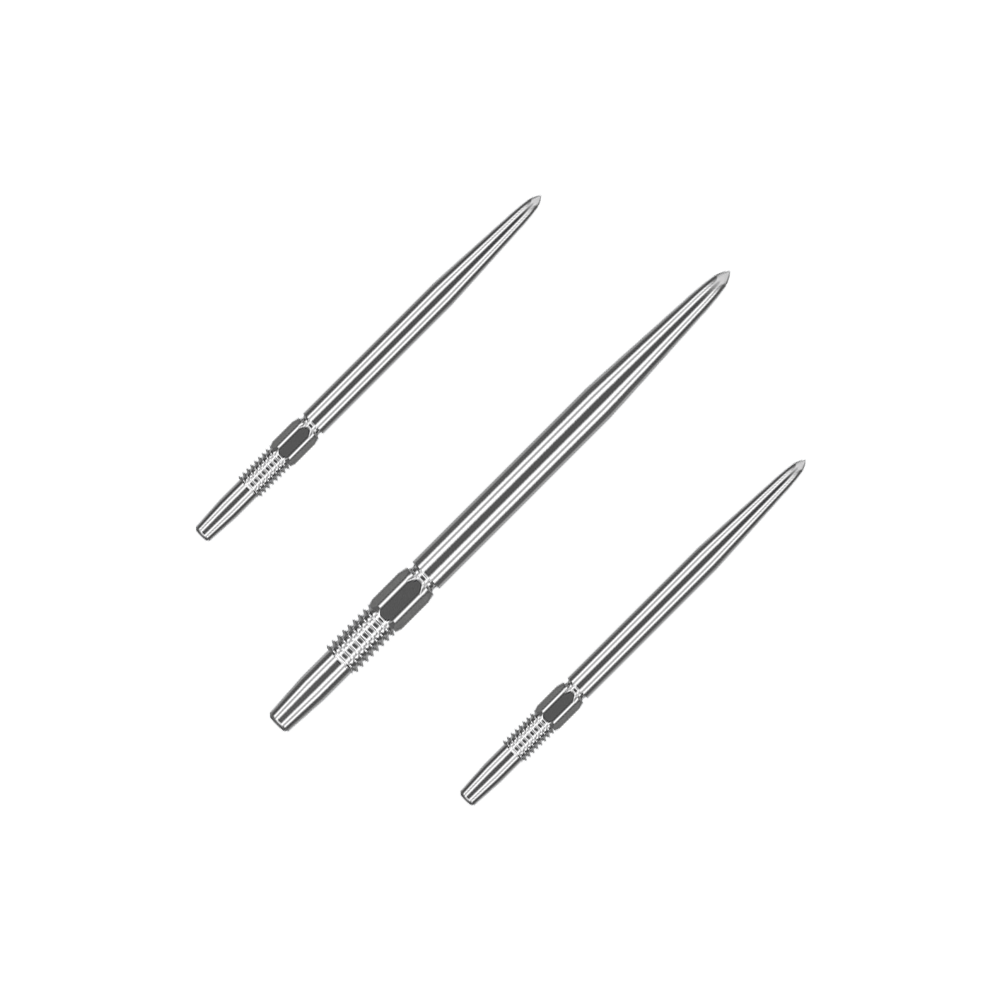 Target Swiss Point Silver dart tips Das Bild zeigt drei silberne Dartspitzen, die nebeneinander liegen. Sie sind lang und haben an einem Ende eine strukturierte Griffzone.