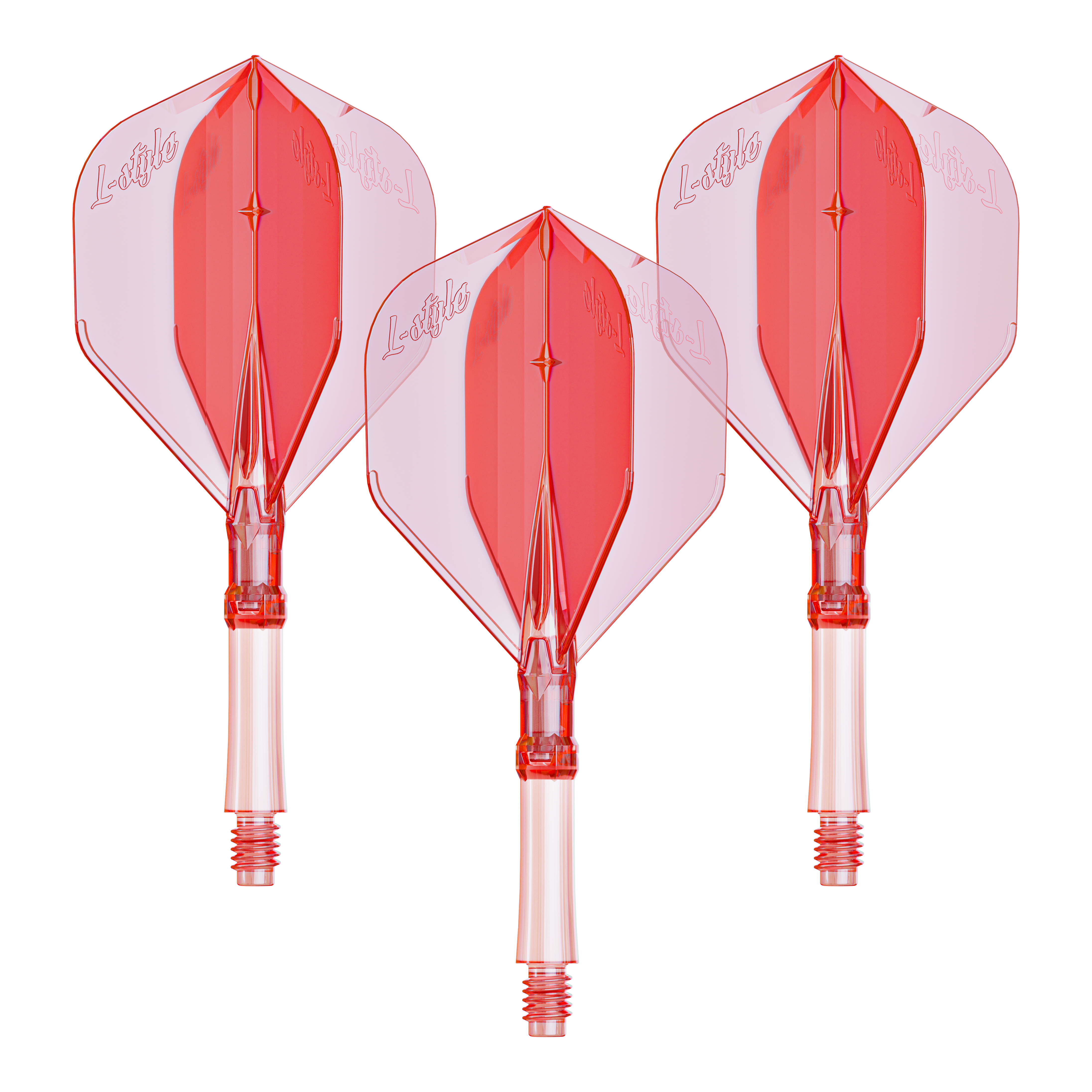 L-Style L-System Flights - Clear Red Das Bild zeigt ein Set L-Style L-System Flights in klarrot, kleine Größe 190. Das Produkt wird als Dartzubehör verwendet.