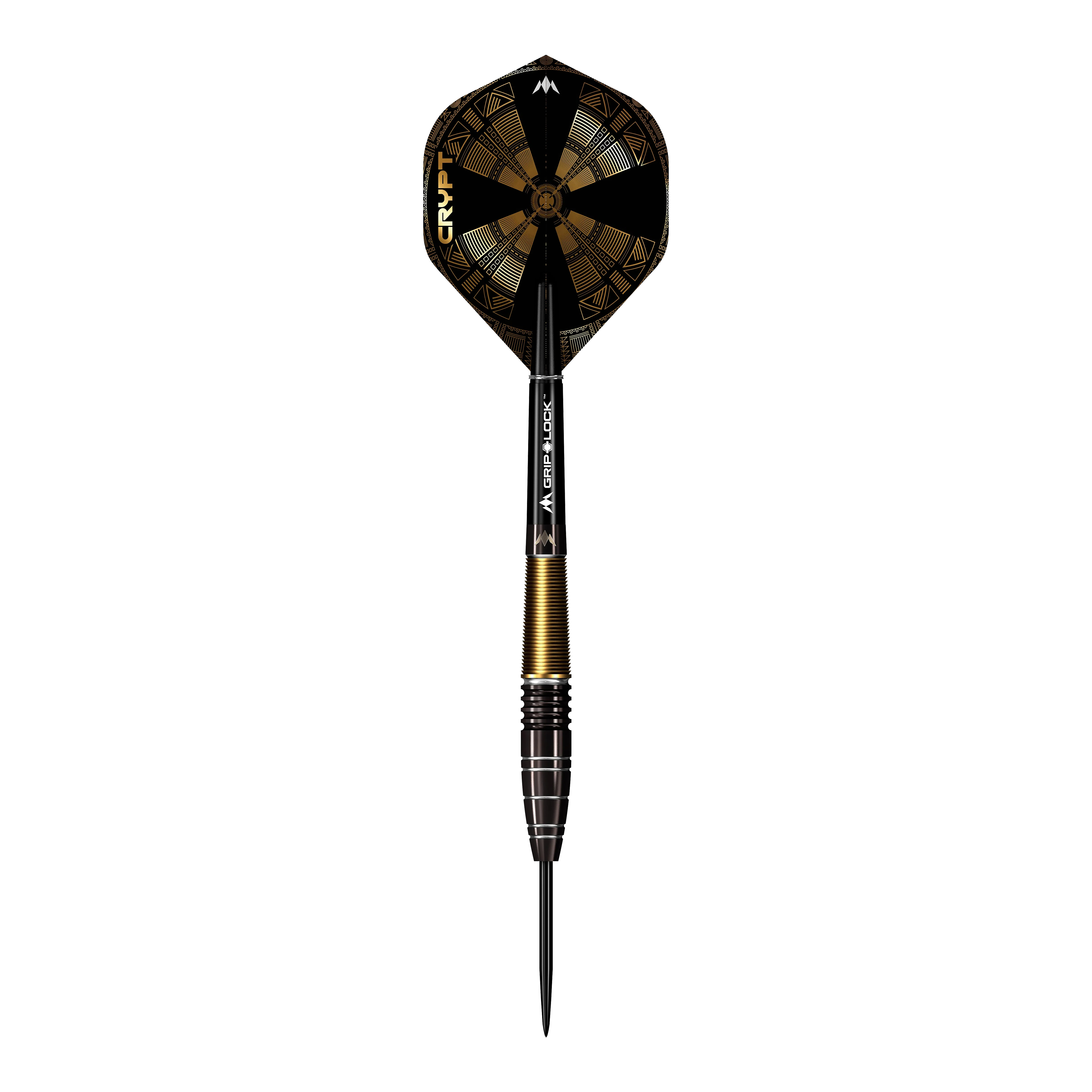 Mission Crypt Model 1 Steel Darts - 22g Das Bild zeigt einen Mission Crypt Model 1 Steeldart mit einem Gewicht von 22g. Der Dart ist schwarz-gold gefärbt und hat ein geometrisches Design auf dem Flight.