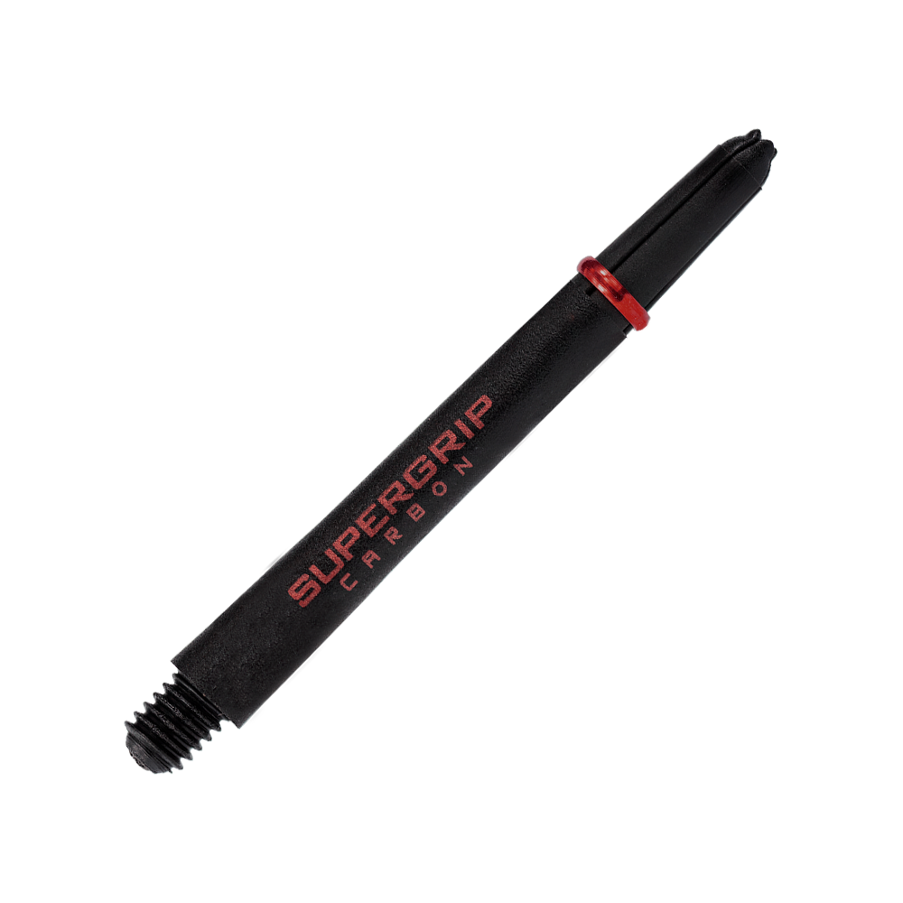 HR359_Harrows_Supergrip_Carbon_Shafts_Rot_47mm_2 Das Bild zeigt einen Harrows Supergrip Carbon Shaft in Rot. Die Beschriftung "SUPERGRIP CARBON" ist deutlich auf dem schwarzen Schaft zu sehen.