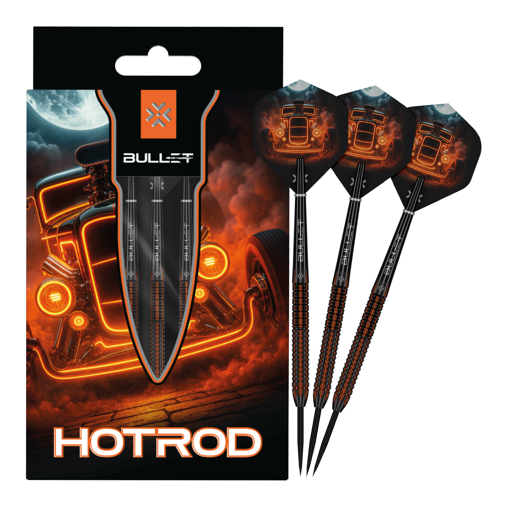 Bullet Hotrod Steel Darts Bullet Hotrod Steeldarts sind zu sehen. Das Bild zeigt das vollständige Set der Steeldarts.