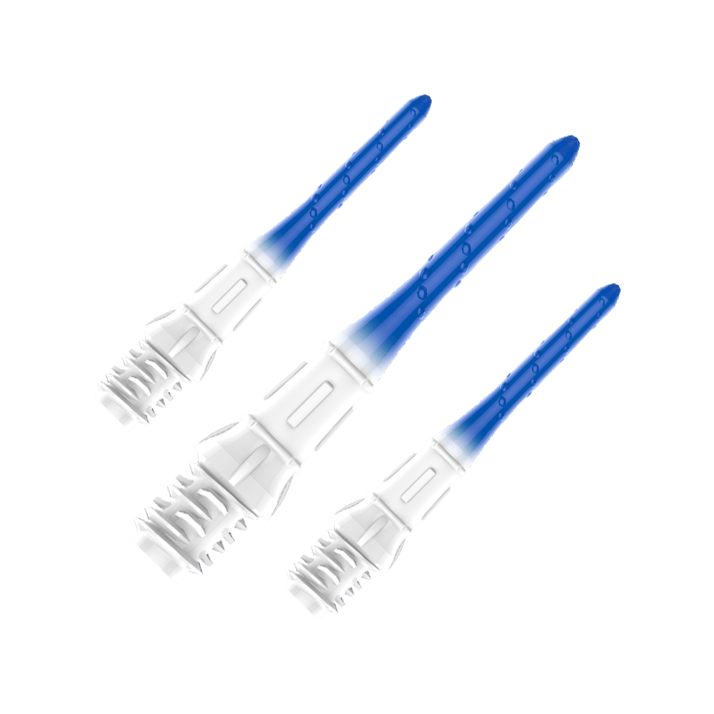 L-Style Premium Lippoint Gradiation Dart Tips (Pack of 30) Das Bild zeigt vier Dartspitzen mit einem Farbverlauf von Weiß zu Blau. Sie sind ordentlich in einer Kunststoffhalterung angeordnet.