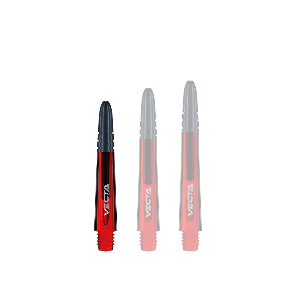 7025-103_Winmau_Vecta_Shafts_Rot_34mm_1p9cBdL0Fj9IIe Das Bild zeigt drei Winmau Vecta Shafts in Rot, die in unterschiedlichen Längen nebeneinander stehen. Die Schäfte sind rot mit schwarzen Spitzen und haben das Wort "Vecta" aufgedruckt.