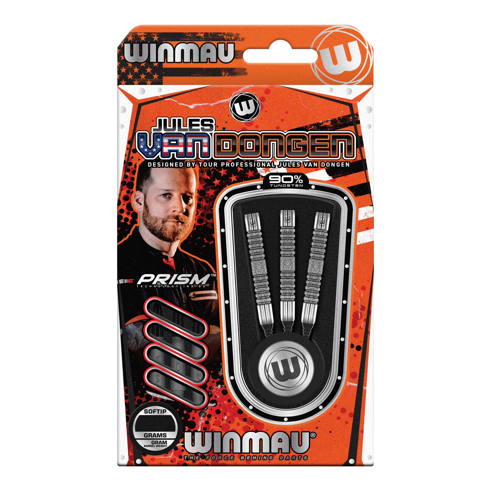 Winmau Jules Van Dongen soft darts - 20g Das Bild zeigt eine Verpackung der "Winmau Jules Van Dongen Softdarts - 20g". In der Packung befinden sich drei Softdarts mit 90% Tungsten.