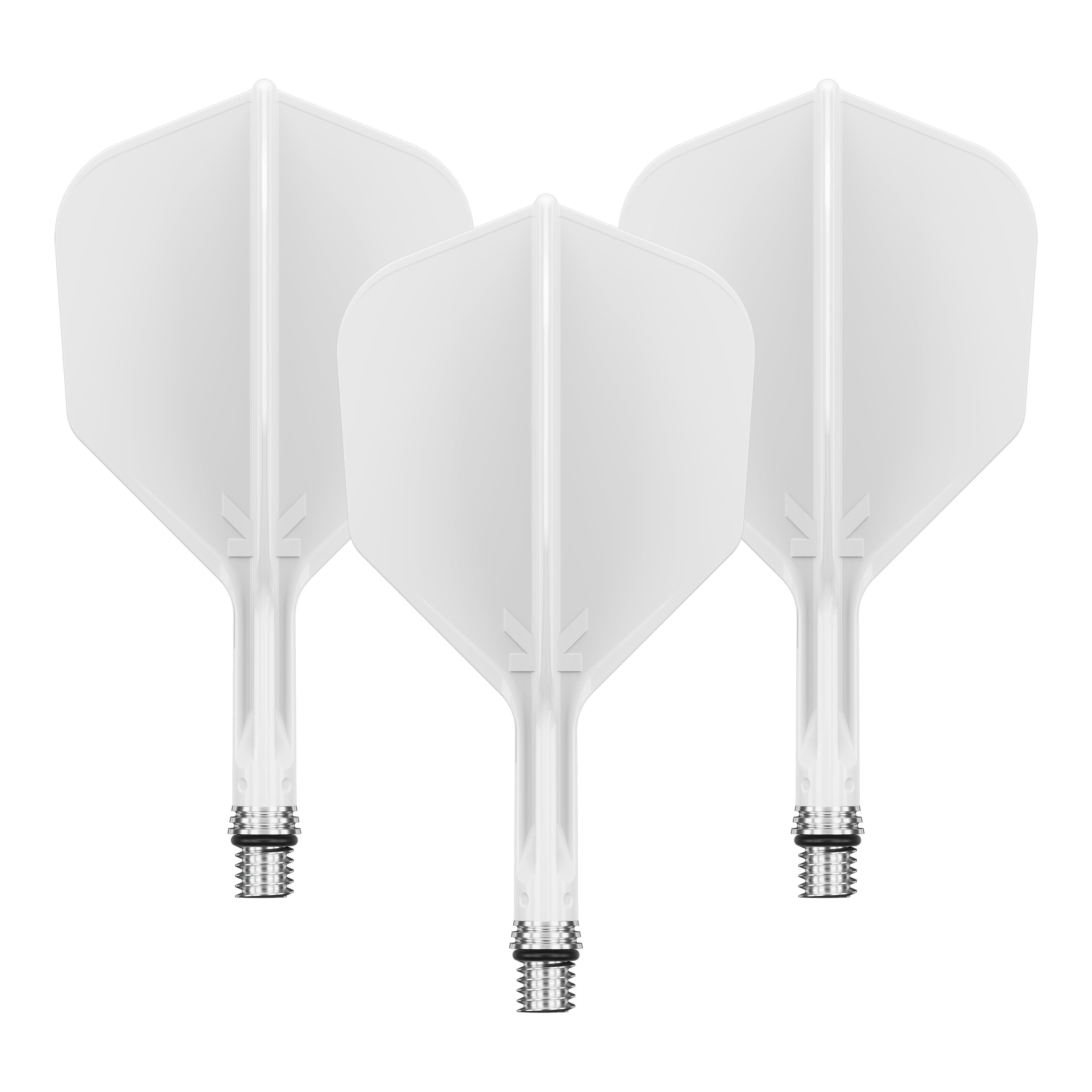 Target K-Shift No6 Flights - White Zu sehen ist ein Flight-Set namens 410540_Target_KShift_No6_Flights_Wei_19mm_1Set. Mehrere weiße Flights sind gemeinsam präsentiert.