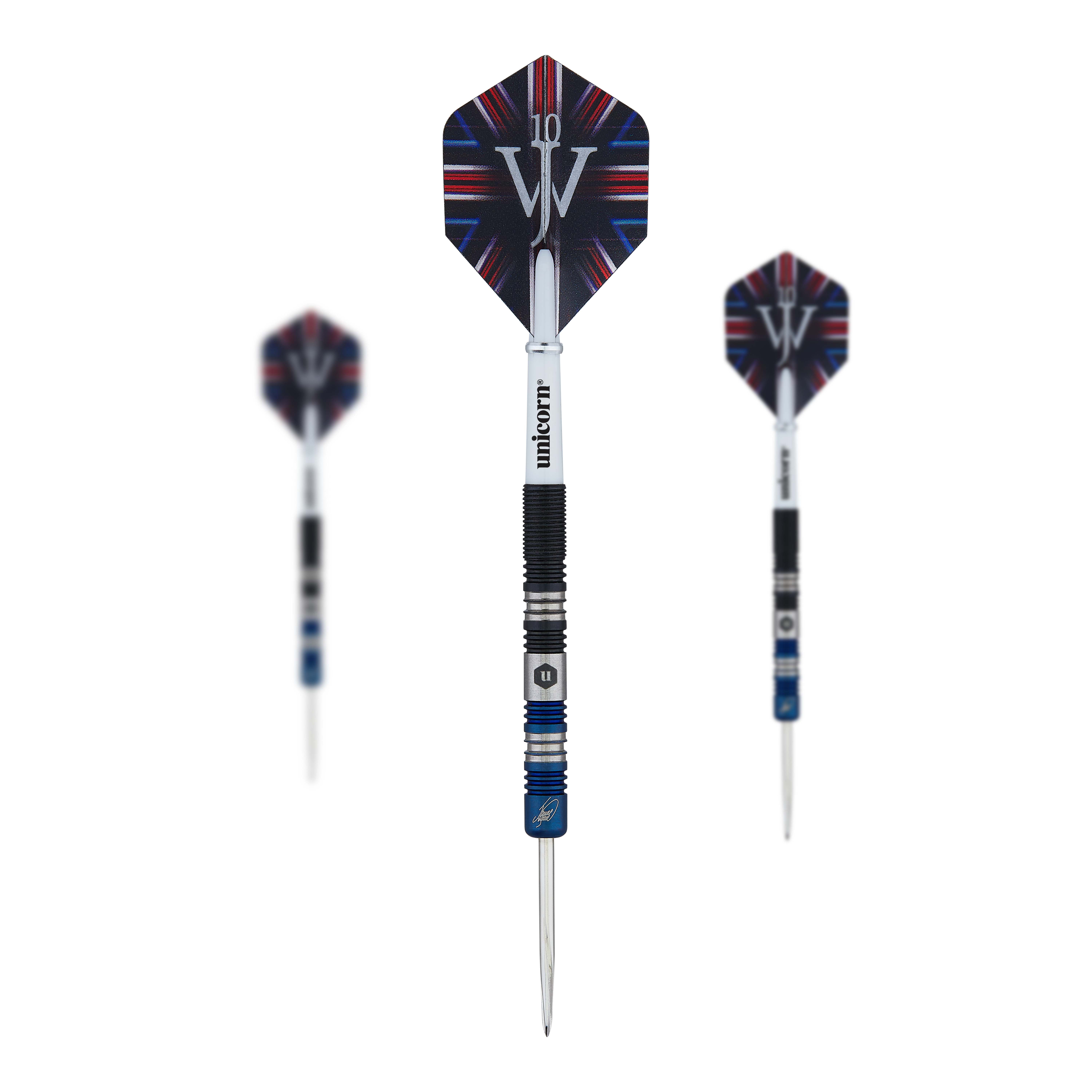 Das Bild zeigt drei Steeldarts des Modells "Unicorn The Machine James Wade Two-Tone". Die Darts haben schwarze und blaue Details und tragen das Logo sowie den Namen des Herstellers auf dem Schaft.