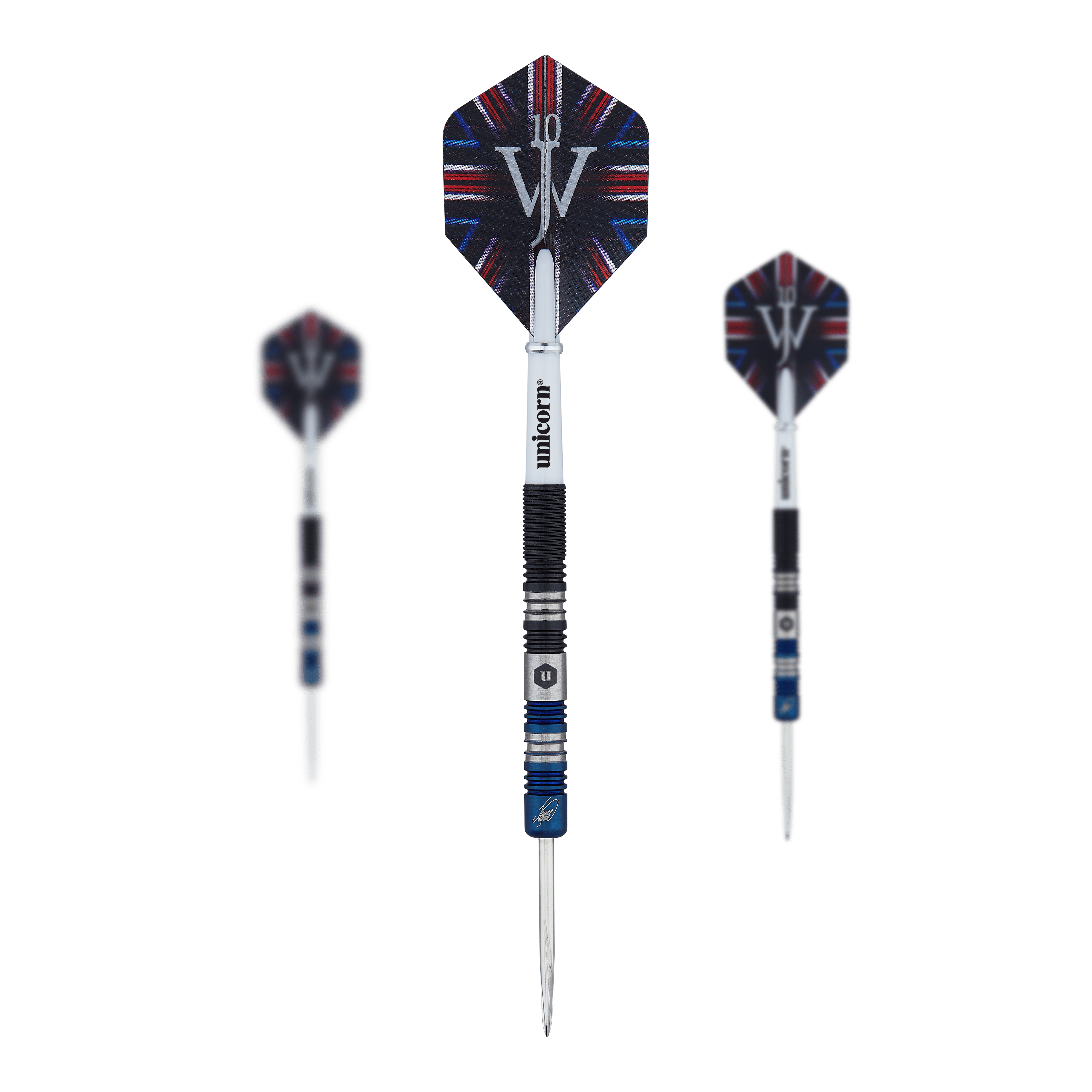 Unicorn The Machine James Wade Two-Tone Steel Darts Das Bild zeigt drei Steeldarts des Modells "Unicorn The Machine James Wade Two-Tone". Die Darts haben schwarze und blaue Details und tragen das Logo sowie den Namen des Herstellers auf dem Schaft.