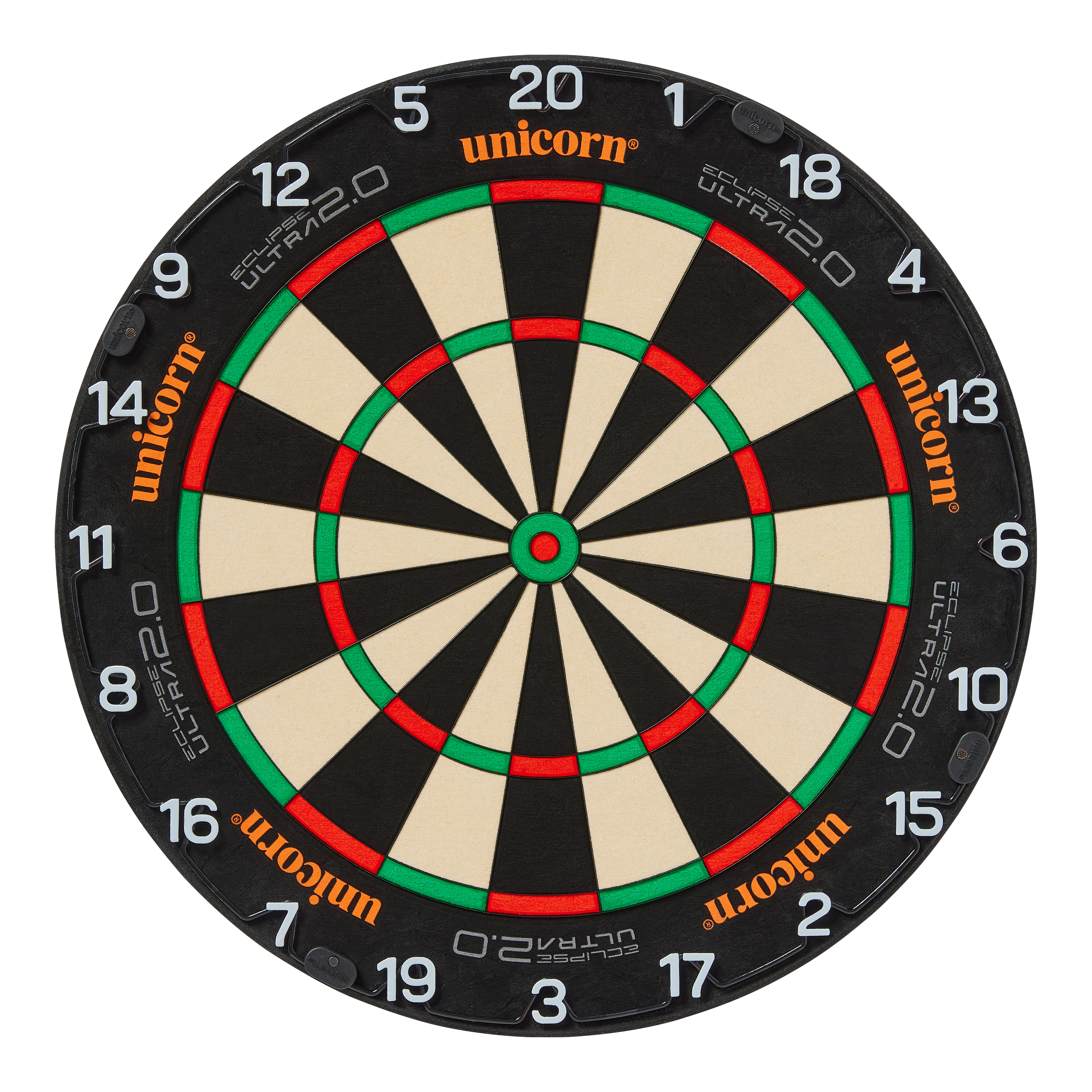 Unicorn Eclipse Ultra 2.0 steel dartboard Das Bild zeigt eine Steeldart-Scheibe mit dem Namen "Unicorn Eclipse Ultra 2.0". Die Zahlen sind klar lesbar und der Markenname "unicorn" ist mehrmals auf der Scheibe zu sehen.