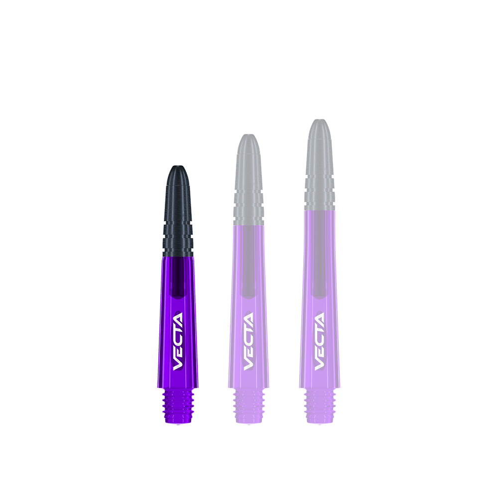 Winmau Vecta Shafts - Purple Black Das Bild zeigt drei lilafarbene Dartschäfte mit schwarzen Spitzen. Auf jedem Schaft steht das Wort "VECTA" in weißer Schrift.