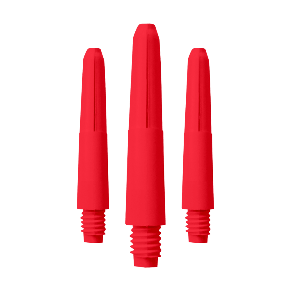 569_Nylon_Shafts_Rot_28mm_1 Das Bild zeigt drei rote Nylon-Schäfte für Dartpfeile. Sie sind nebeneinander auf weißem Hintergrund angeordnet.