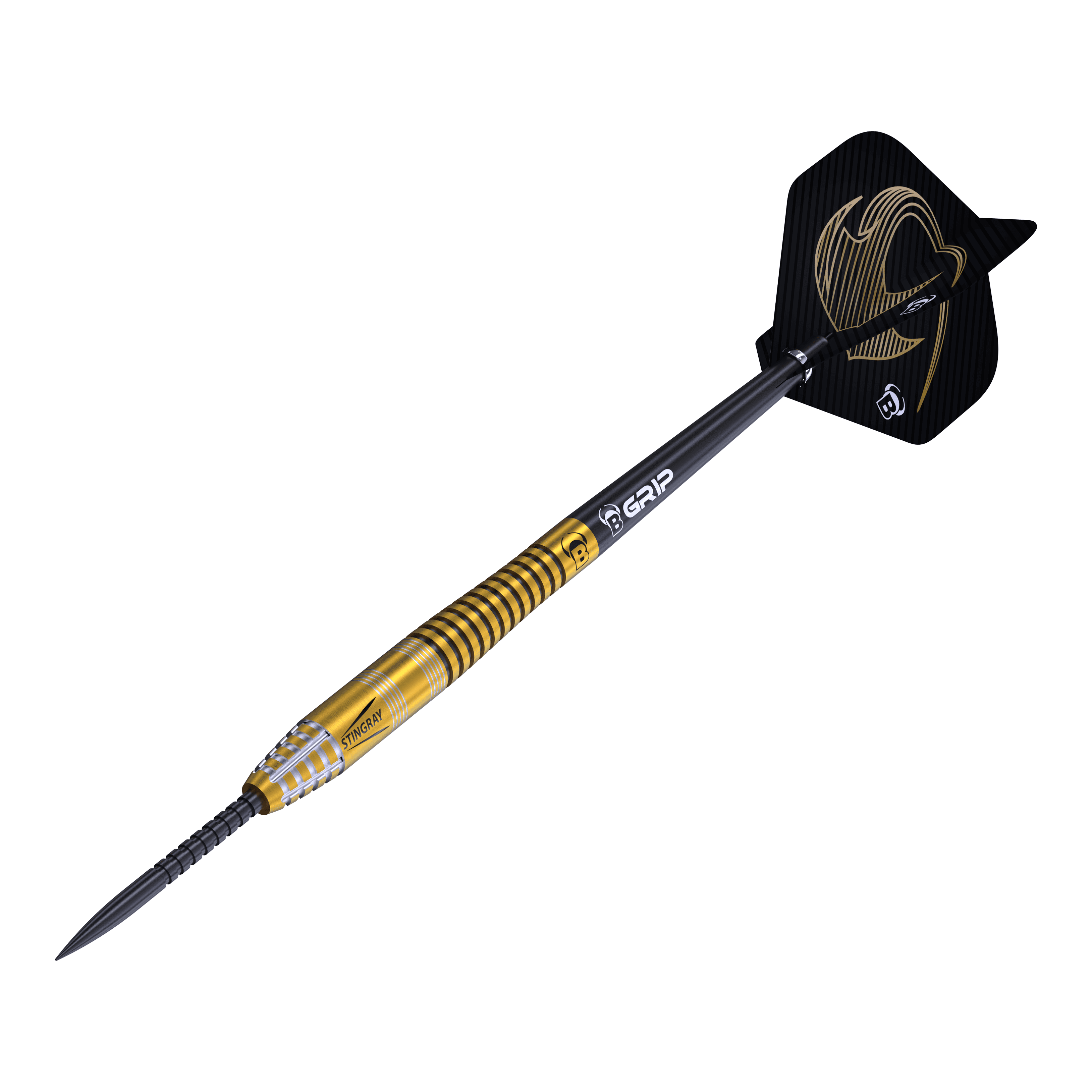 Bulls Stingray ST3 Steeldarts Das Bild zeigt einen Steeldart aus der Bulls Stingray ST3 Serie. Der Dart hat einen goldfarbenen Schaft mit schwarzen Ringen und eine schwarze Flügelspitze mit goldener Verzierung.