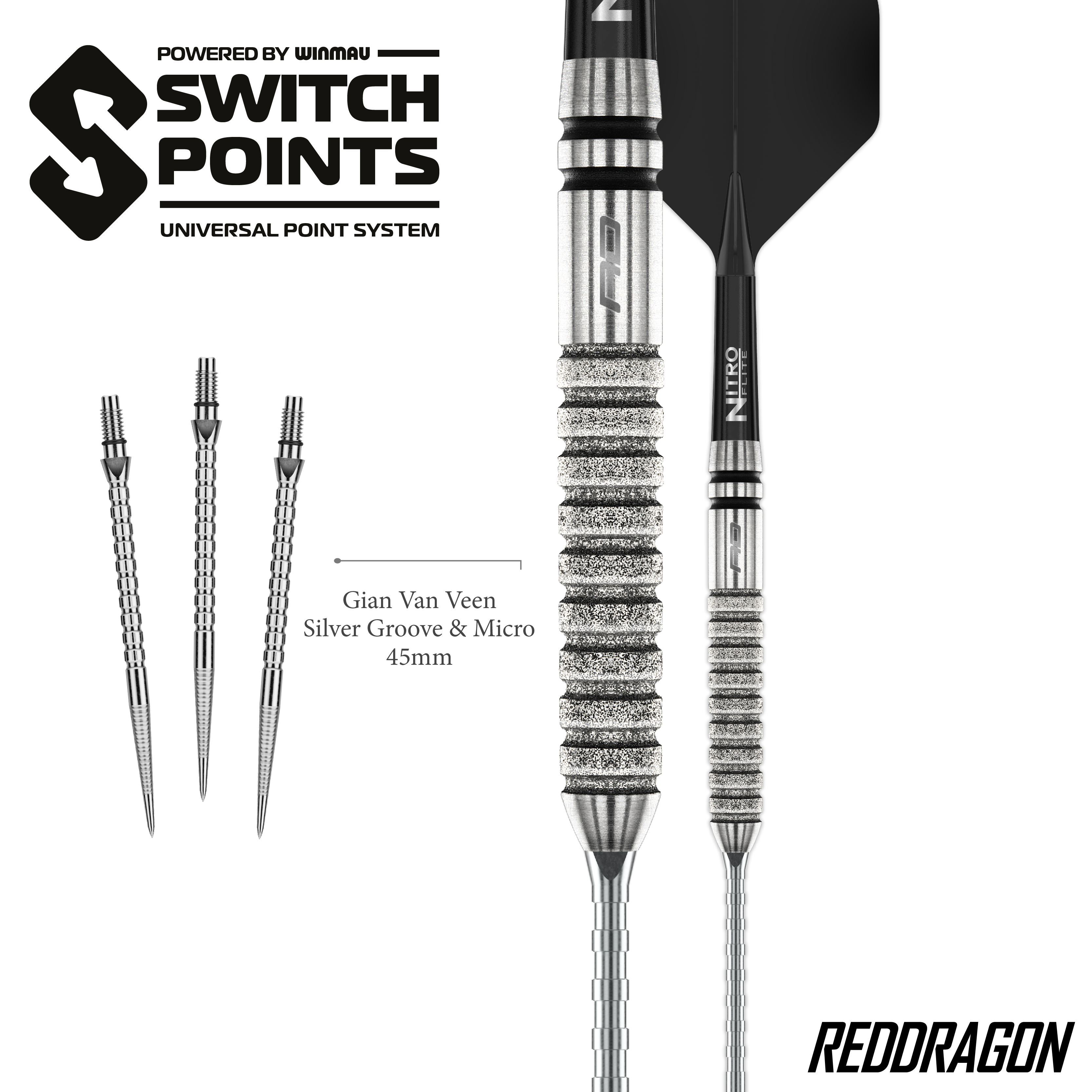 Gezeigt werden die Red Dragon Gian Van Veen Tour Edition Switch Point Steeldarts - 21g aus einer anderen Perspektive. Das Design ist sportlich und funktional.