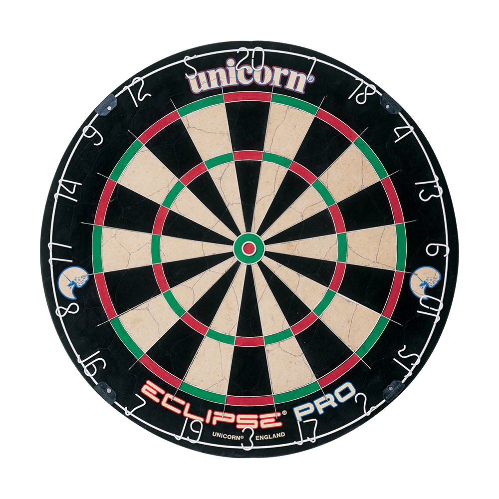 Unicorn Eclipse Pro Dartboard Das Bild zeigt die Unicorn Eclipse Pro Dartscheibe. Sie hat ein klassisches Design mit deutlich sichtbaren Zahlen und farbigen Segmenten.