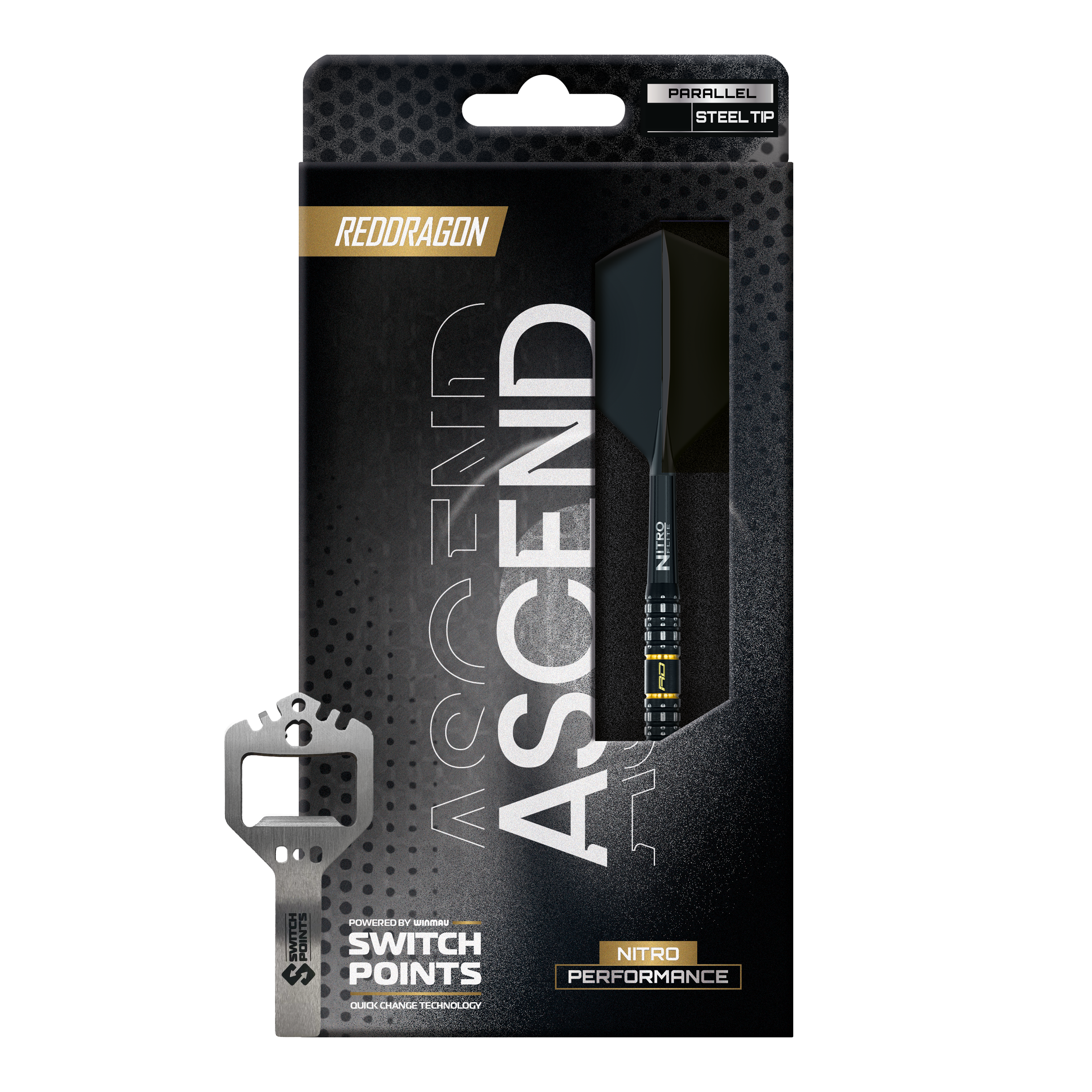 Red Dragon Ascend Parallel Switch Point Steeldarts Zu sehen sind drei Red Dragon Ascend Parallel Switch Point Steeldarts gruppiert in einer Reihe. Die Darts heben ihre hochwertige Verarbeitung hervor.