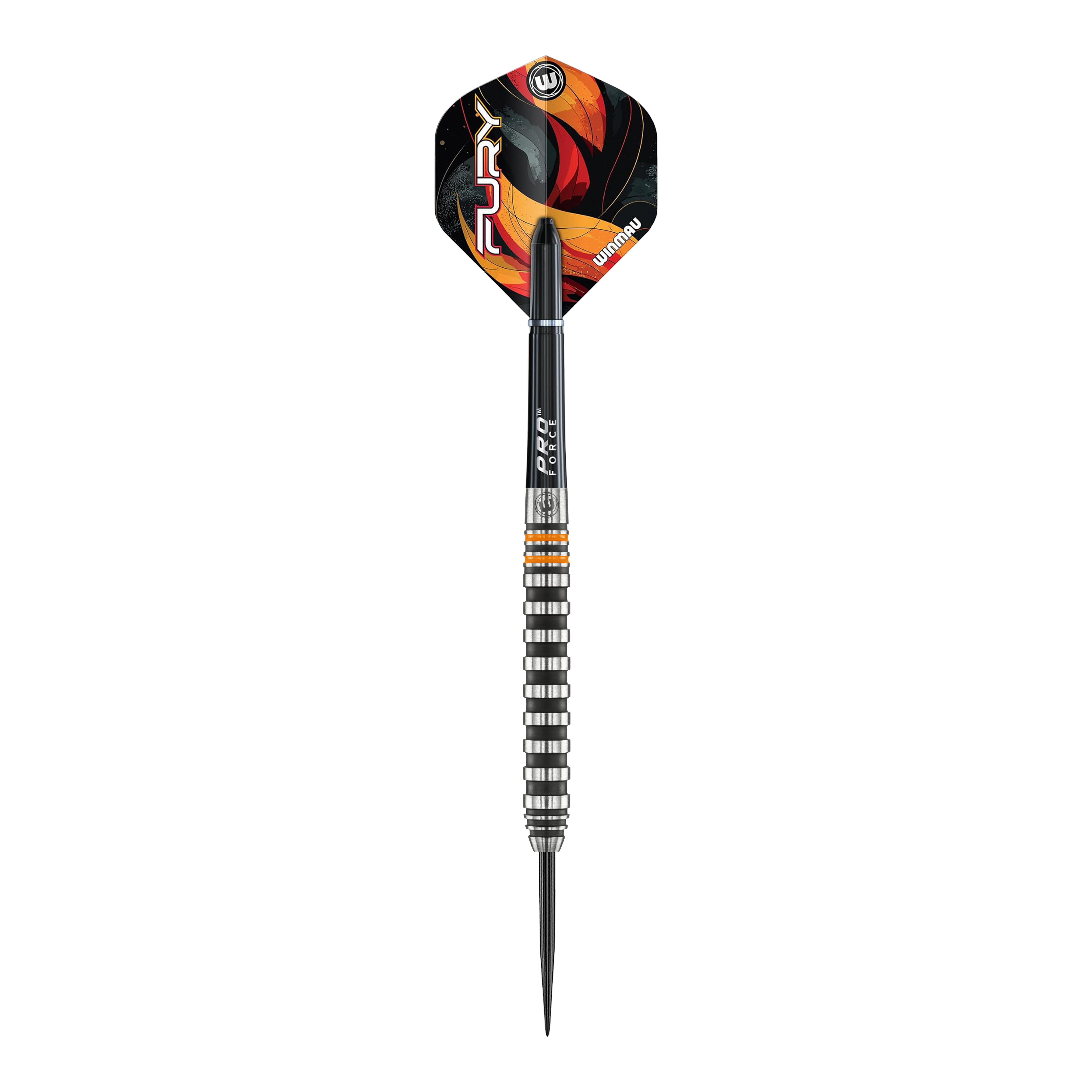 Hier sieht man die Winmau Fury Steeldarts - 22g. Die Darts bieten ein ausgewogenes Wurfgefühl für Dartspieler.
