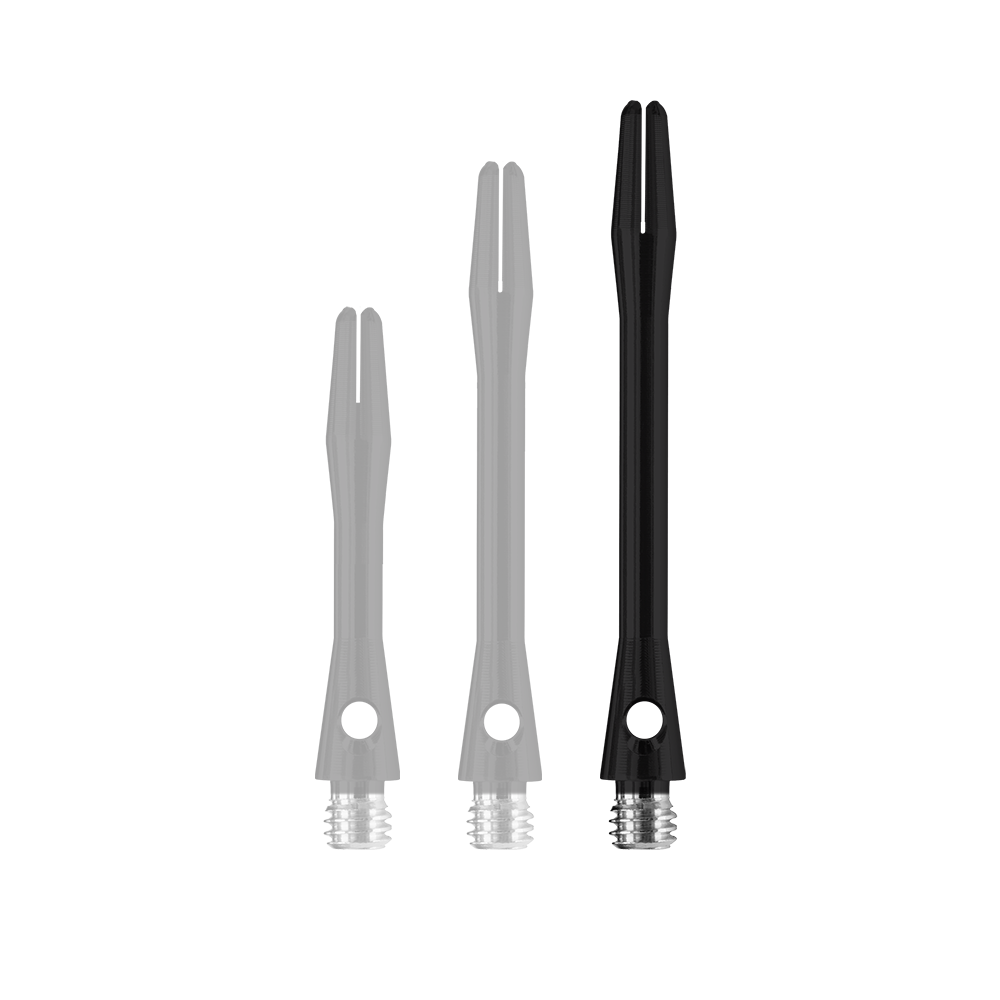 HR368_Harrows_Keramic_Shafts_Schwarz_47mm_1 Das Bild zeigt drei matt schwarze Harrows Keramic Shafts in unterschiedlichen Längen. Die Schäfte haben am unteren Ende silberne Gewinde.