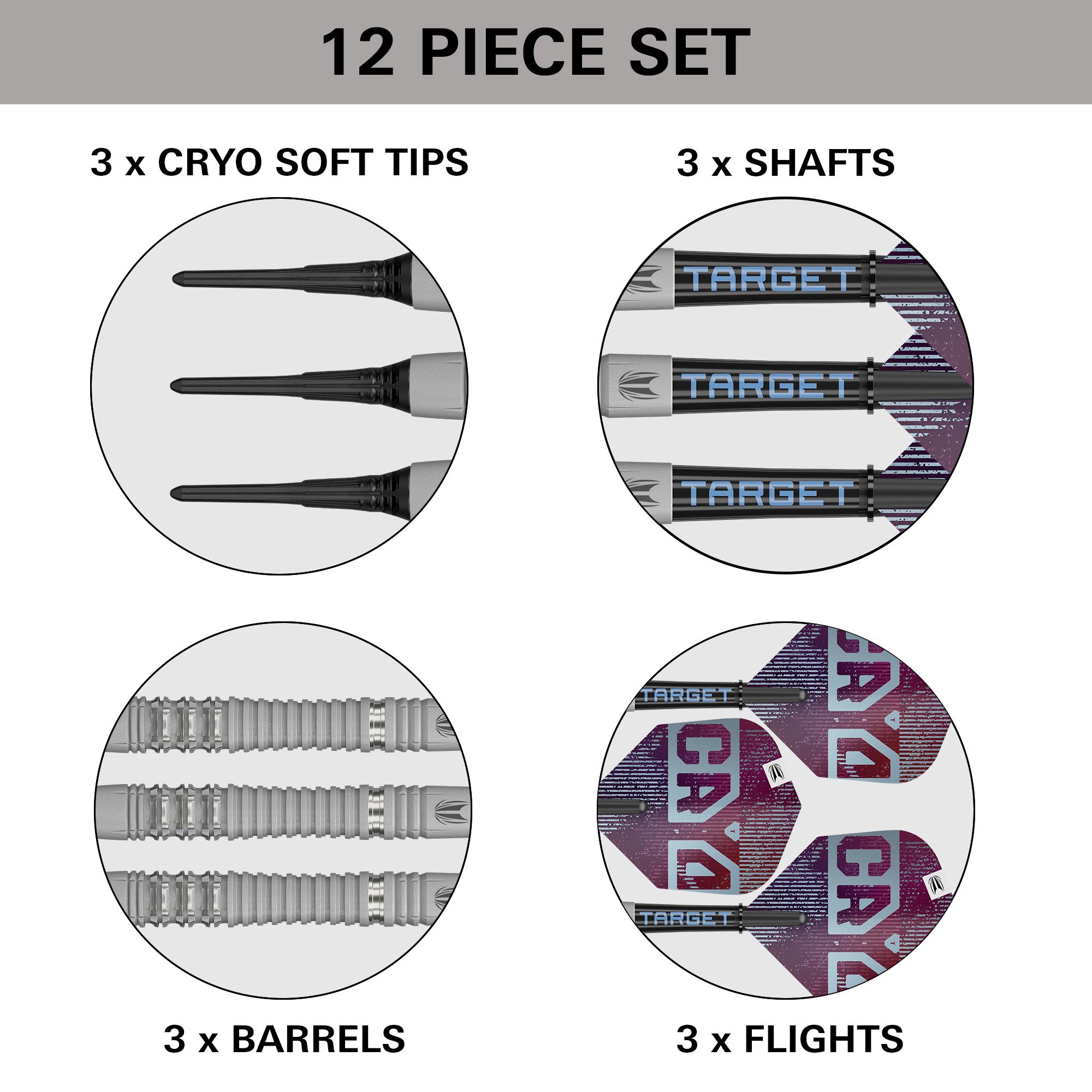 Hier sieht man die Target Cryo 13 Softdarts. Das Produkt ist detailliert fotografiert, damit die Qualität erkennbar ist.