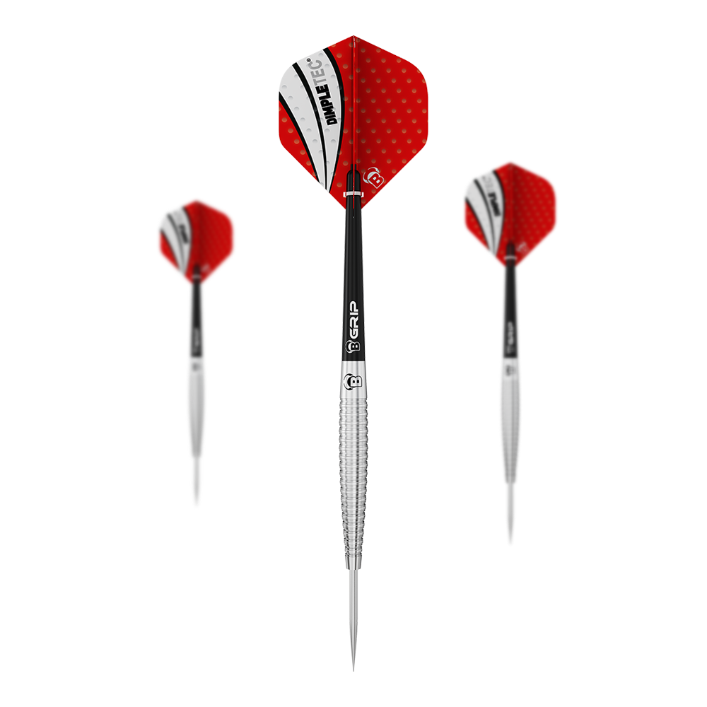 Bulls Dot D6 steel darts Das Bild zeigt drei Steeldarts mit roten Flights und silbernen Spitzen. Die Flights haben ein weiß-schwarzes Muster mit dem Aufdruck "PIMPLETEC".