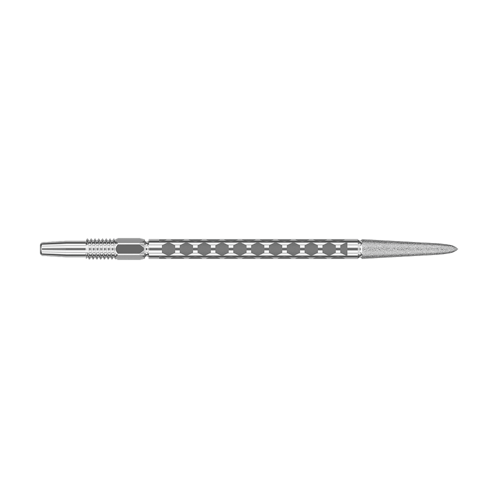 Target Swiss FLT Point Dart Tips - Silver Zwei kurze silberne Dartspitzen sind nebeneinander fotografiert. Sie sind waagerecht platziert.