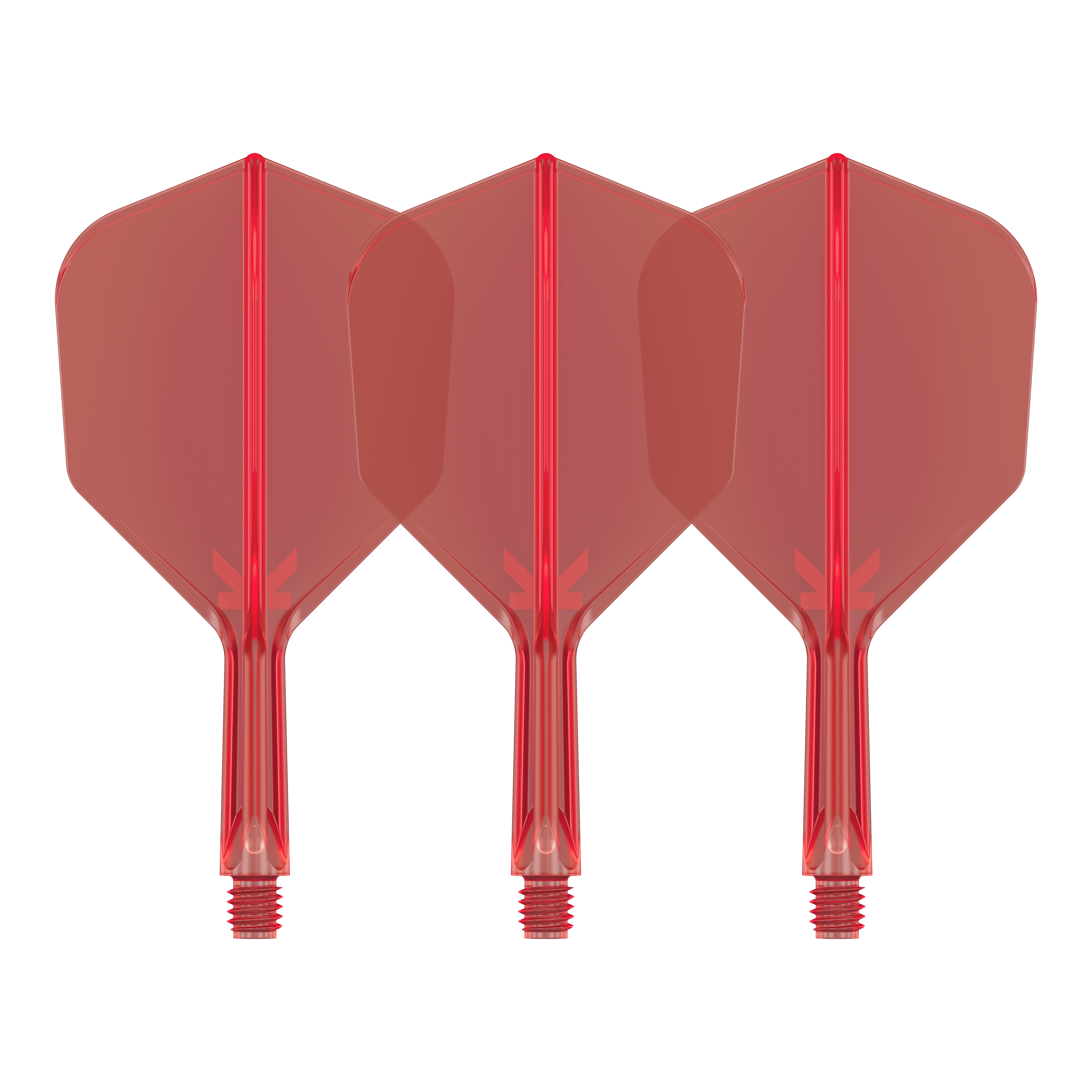 Auf dem Bild sind drei rote Dart-Flights mit Shafts zu sehen. Sie sind identisch und stehen nebeneinander auf weißem Hintergrund.
