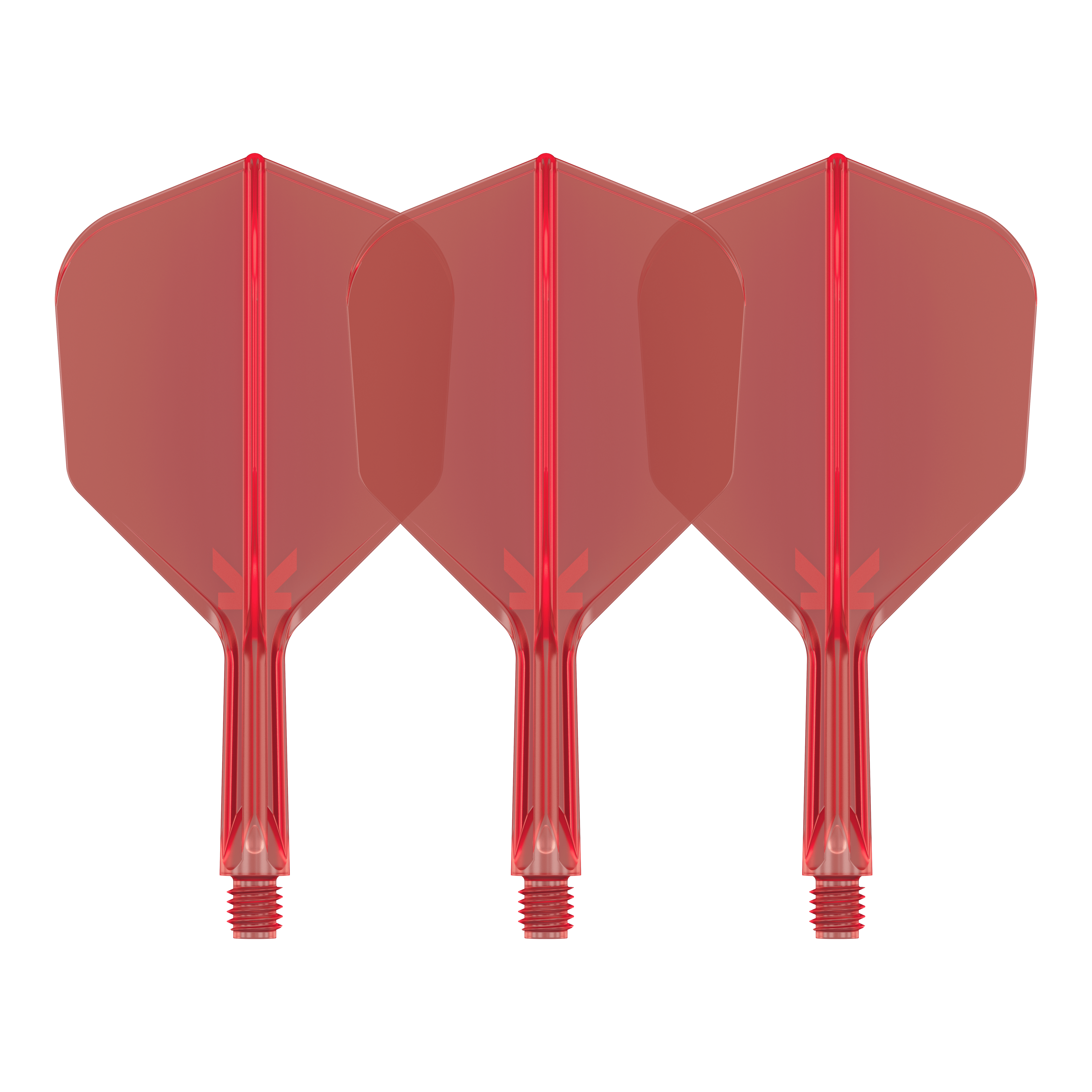 Target K-Flex No6 Flight System - Red Auf dem Bild sind drei rote Dart-Flights mit Shafts zu sehen. Sie sind identisch und stehen nebeneinander auf weißem Hintergrund.