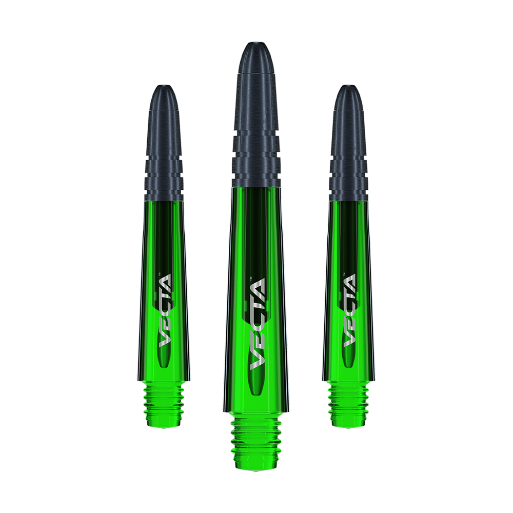 7025-104_Winmau_Vecta_Shafts_Gr-n_34mm_16pLz4tRurbhcf Das Bild zeigt drei grüne Winmau Vecta Shafts für Dartpfeile. Die Shafts haben schwarze Spitzen und sind aus glänzendem Material gefertigt.
