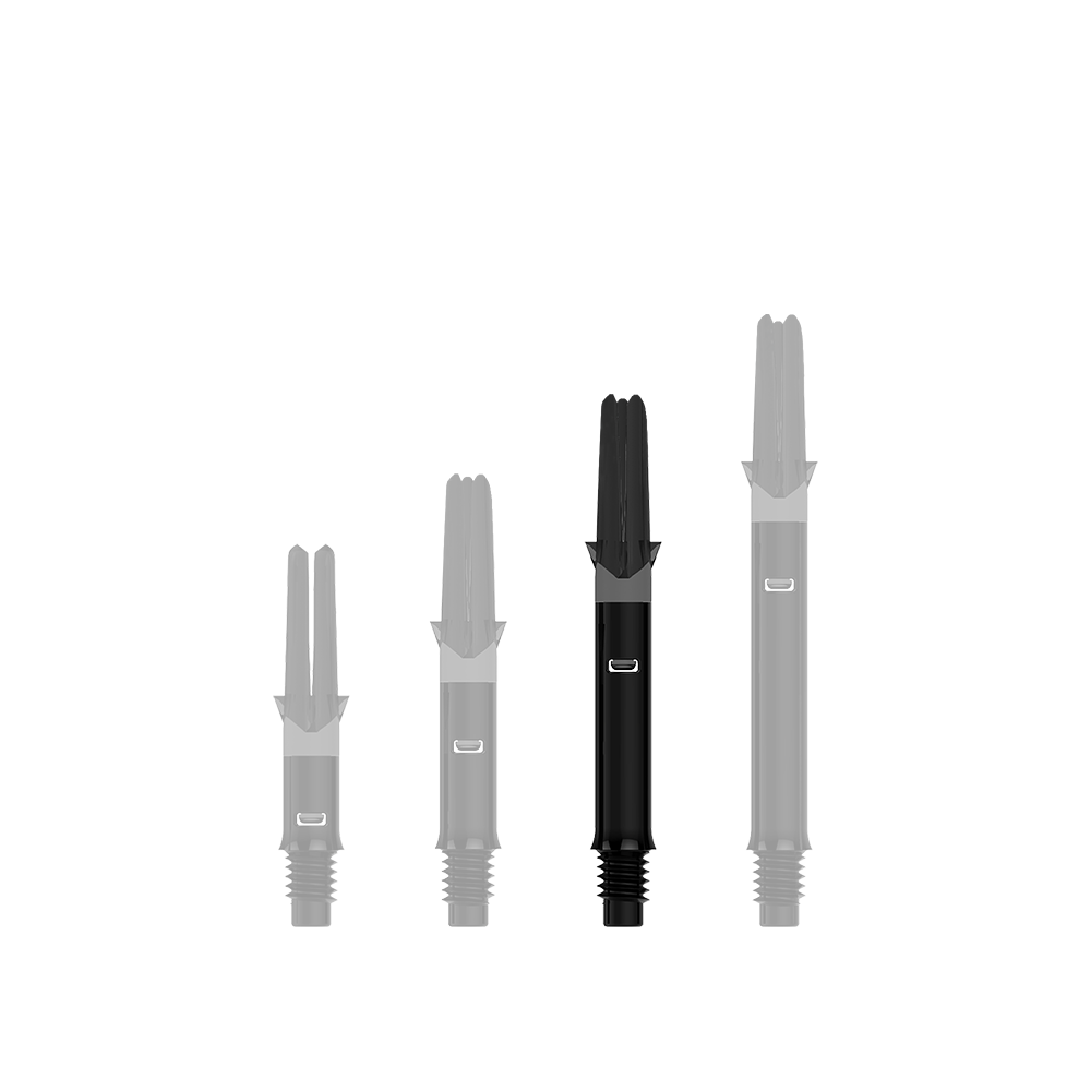 L-L-Style-Shafts Silent Straight - Black Das Bild zeigt drei schwarze Dartschäfte in unterschiedlichen Längen. Sie stehen nebeneinander auf einem transparenten Hintergrund.