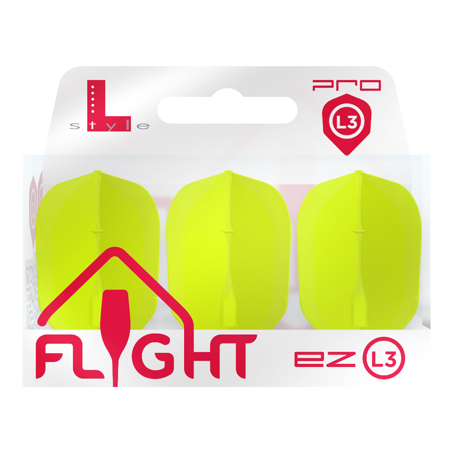 L-L-Style3EZ Flights Das Bild zeigt eine Packung mit drei neon-gelben Dart-Flights der Marke L-Style. Auf der Verpackung steht „FLIGHT ez L3 Pro“.