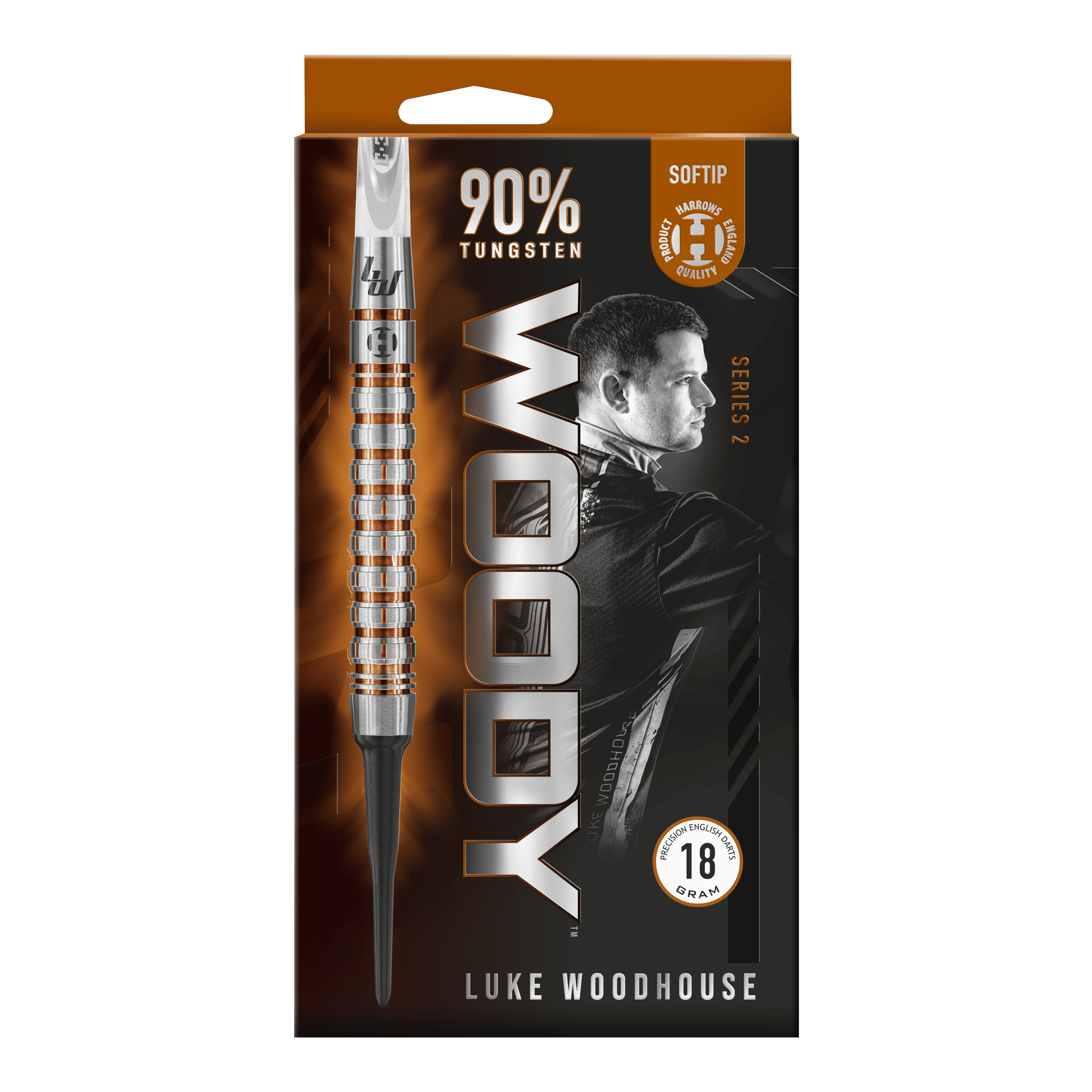 Harrow's Luke Woodhouse Series 2 Soft Darts - 18g Die Verpackung zeigt die Harrows Luke Woodhouse Series 2 Softdarts mit einem Gewicht von 18 Gramm. Auf der Vorderseite ist ein großes Bild eines Softdarts sowie das Porträt von Luke Woodhouse abgebildet.