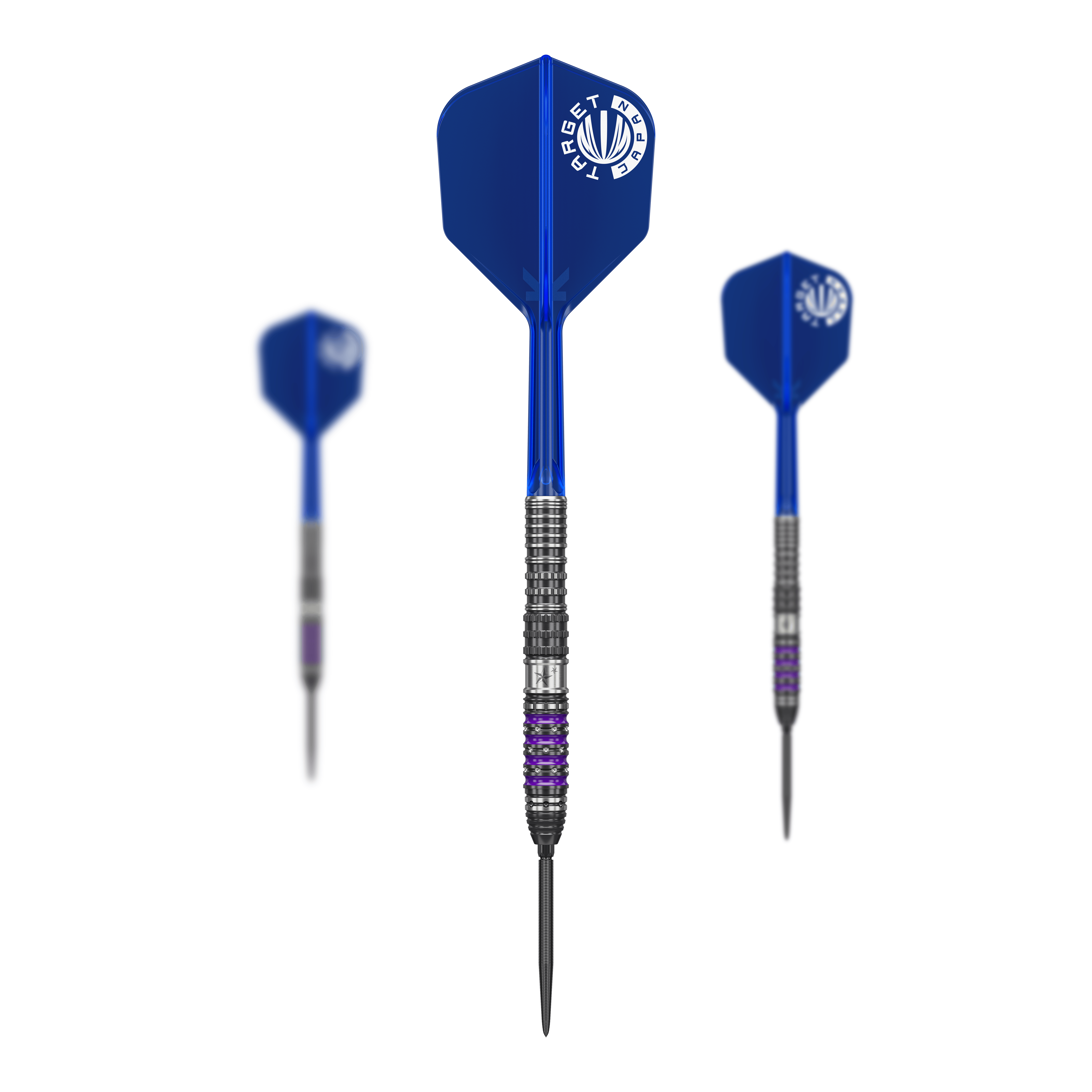 Target Japan Prime Series Sirius GEN4 Swiss Point Steel Darts Das Bild zeigt drei Steeldarts der Marke "Target Japan Prime Series Sirius GEN4 Swiss Point". Die Darts haben blaue Flights und metallisch-silberne Spitzen mit lila Akzenten.