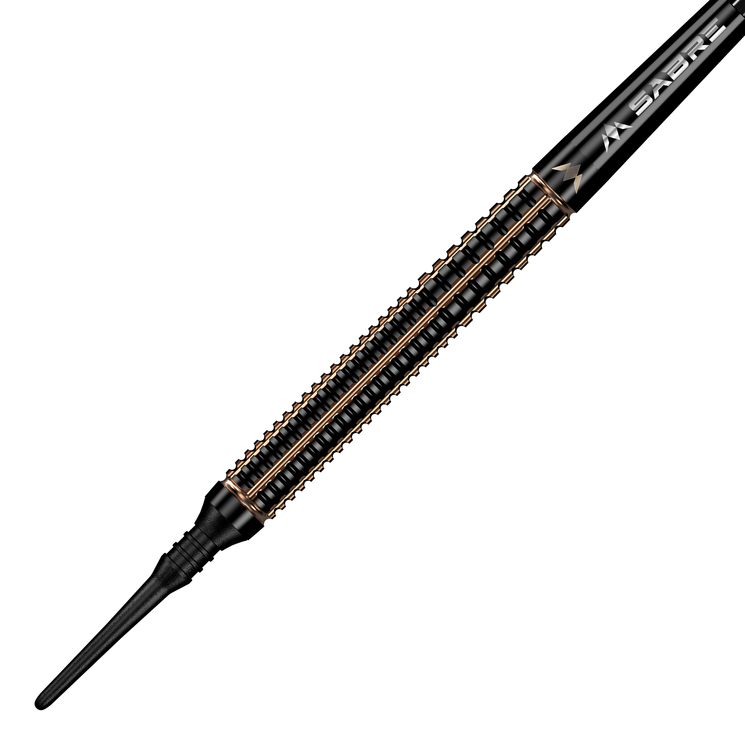 Mission Scorpion soft darts - 19g Das Bild zeigt einen Mission Scorpion Softdart mit einem Gewicht von 19 Gramm. Der Dart hat ein elegantes, schwarzes Design mit goldfarbenen Akzenten.