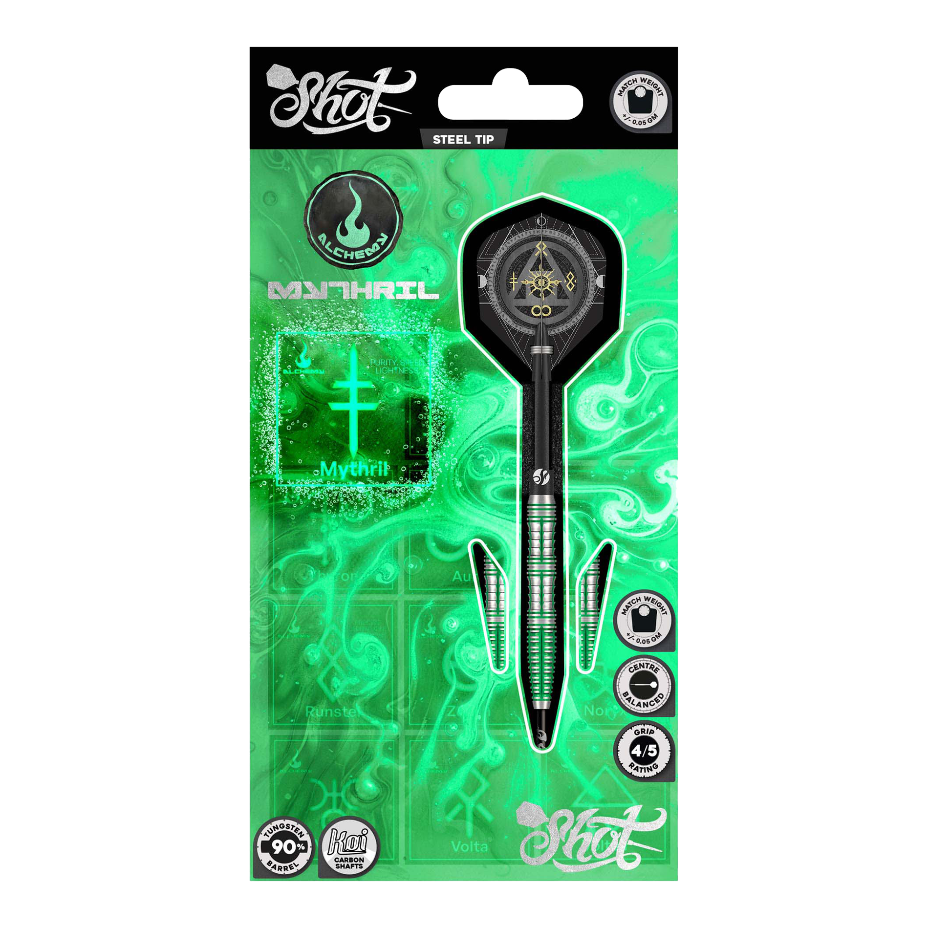 Shot Alchemy Mythril steel darts Dieses Bild zeigt die Shot Alchemy Mythril Steeldarts. Das Design der Steeldarts ist detailliert und modern.