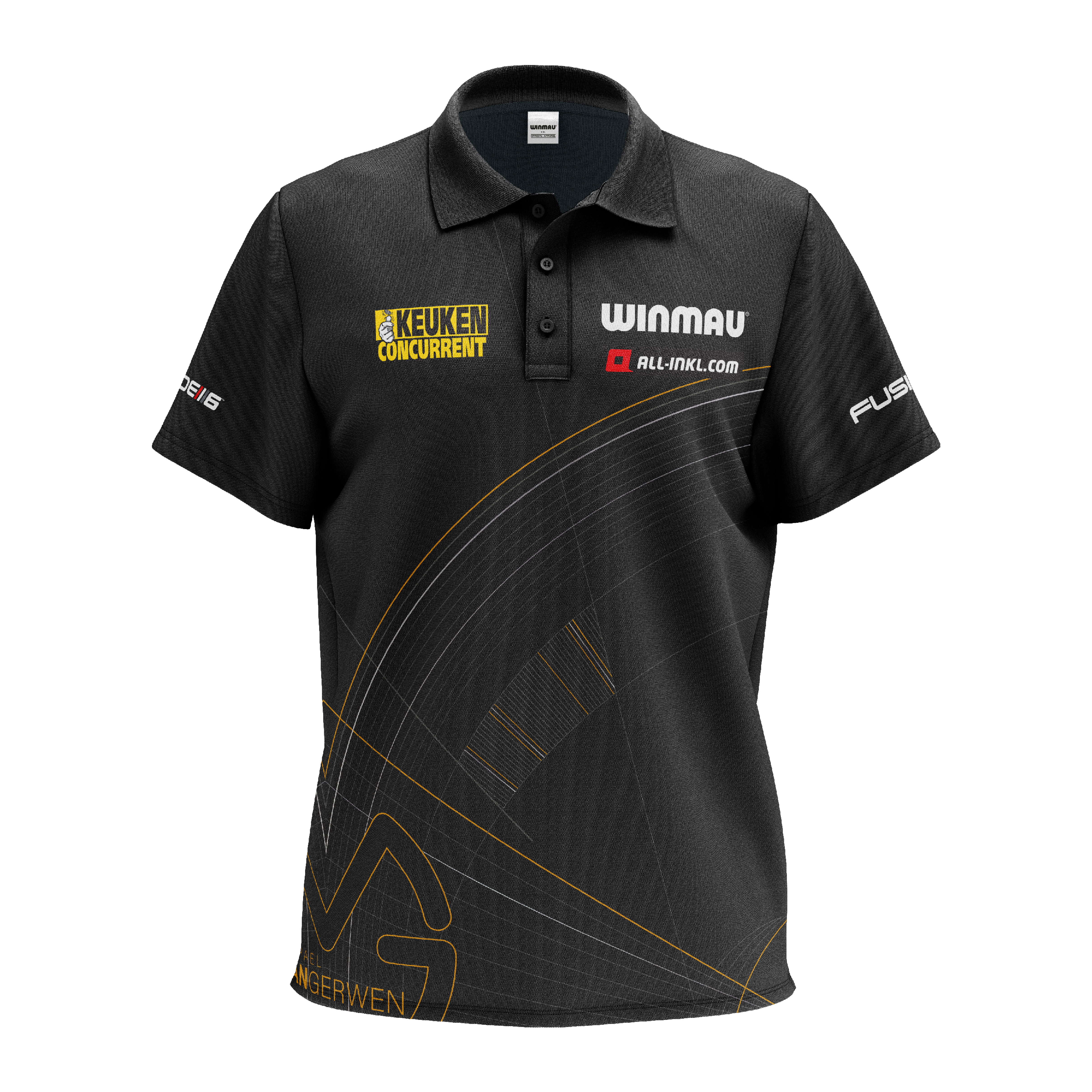 Winmau Limited Edition Tour Polo Dart Shirt Das Bild zeigt ein schwarzes Polo-Dartshirt mit verschiedenen Logos und Sponsorenaufdrucken. Das Shirt ist das "Winmau Limited Edition Tour Polo Dartshirt".
